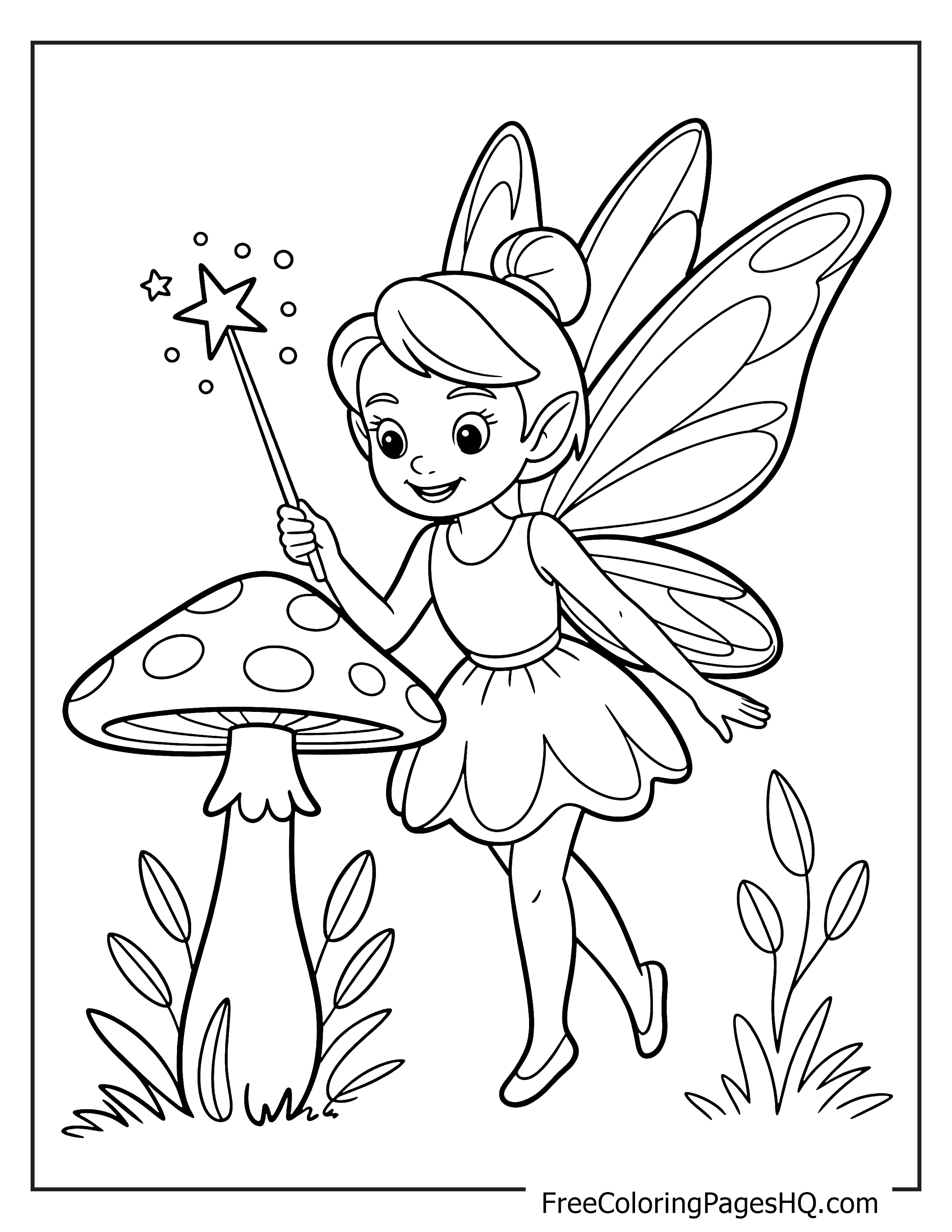 Fairy with wings touches a mushroom with her wand.