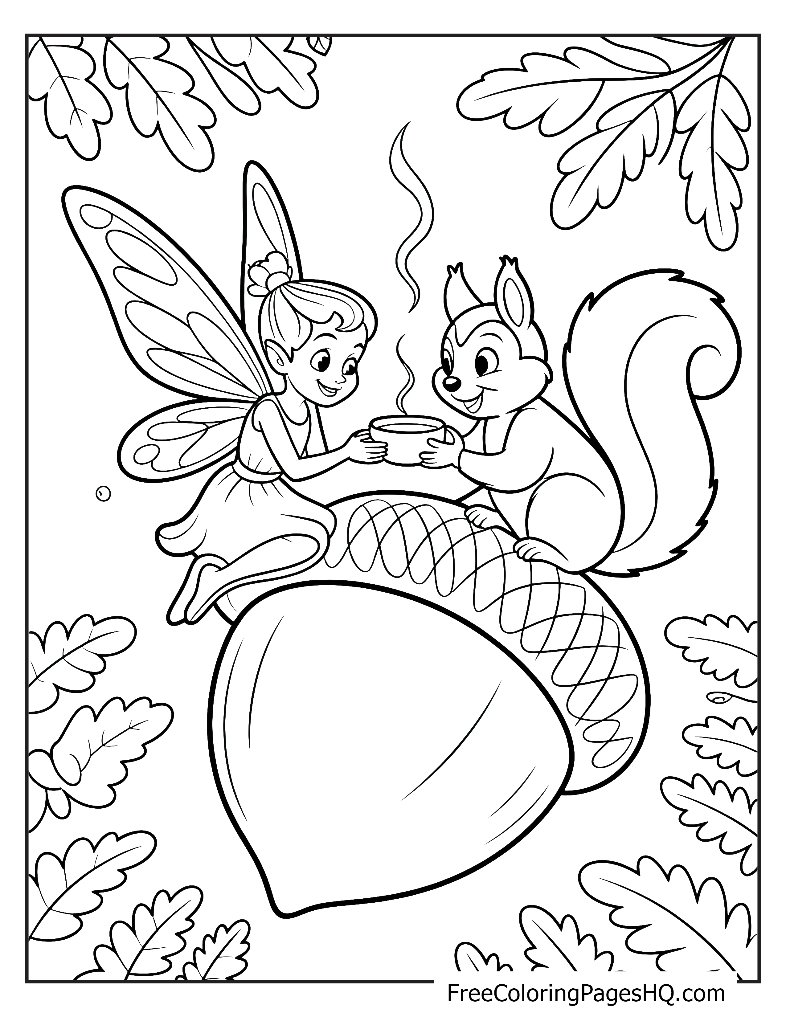 Fairy sitting with a squirrel on a large acorn, both holding cups of tea, surrounded by leaves.