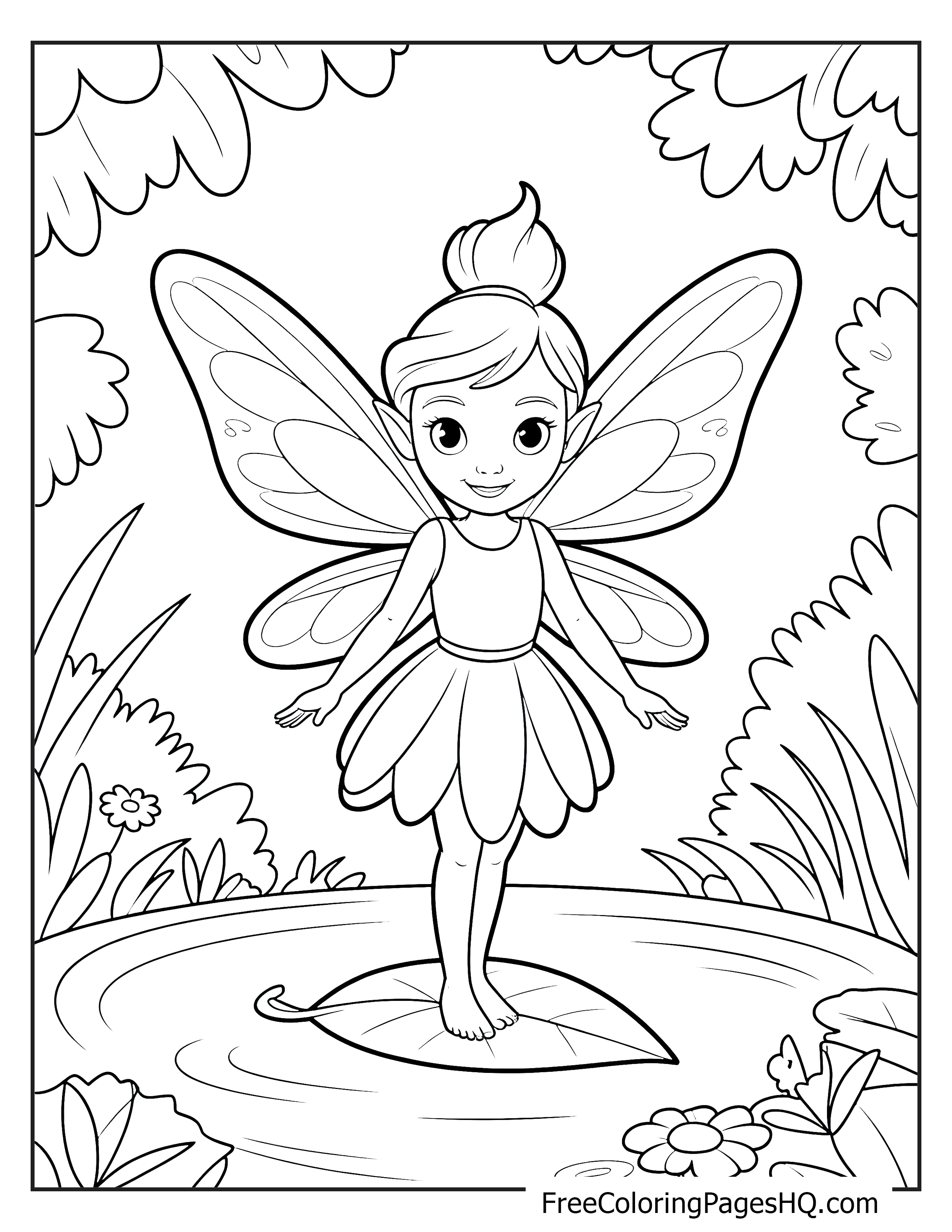 A fairy with wings stands on a leaf in a pond surrounded by foliage.