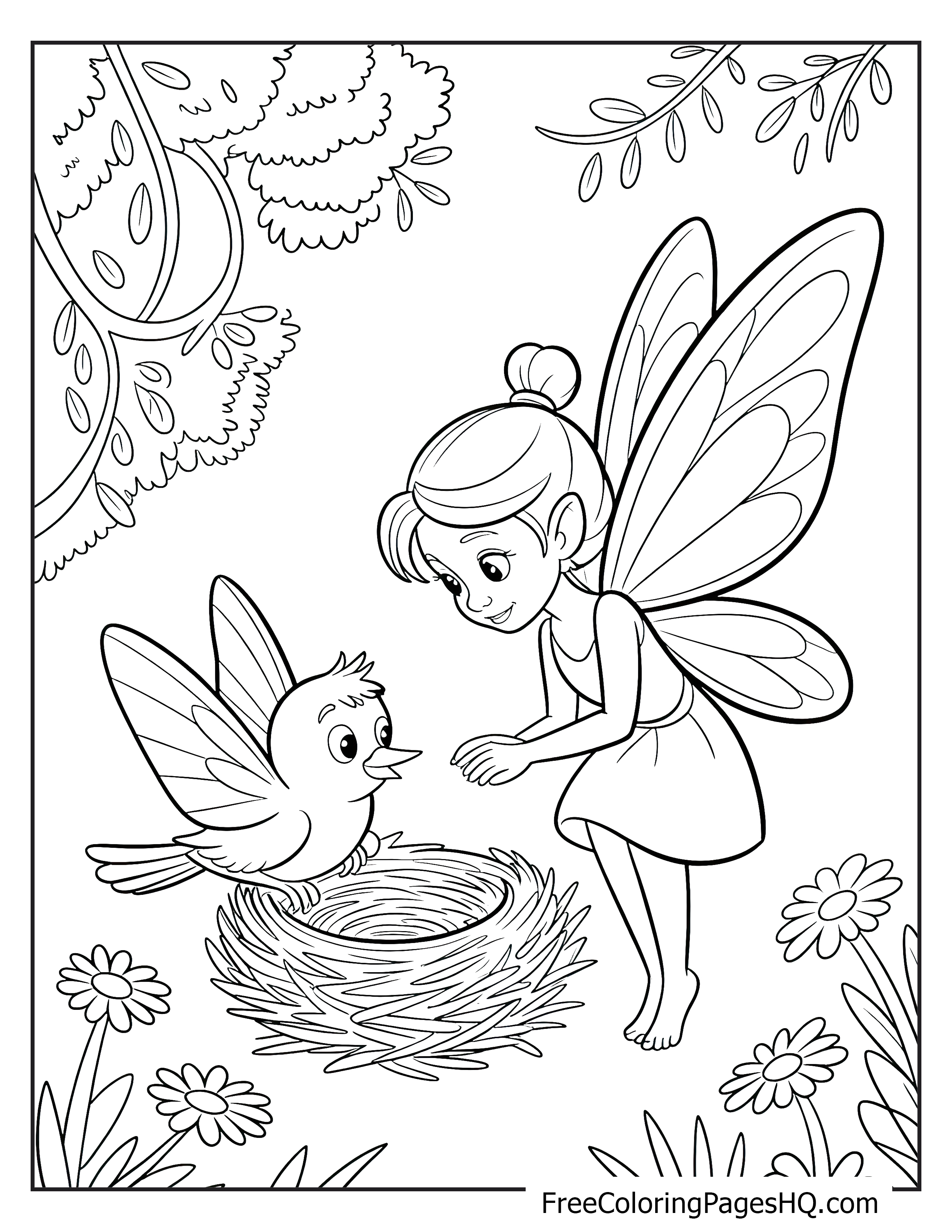 A fairy interacts with a cheerful bird in its nest, surrounded by flowers.