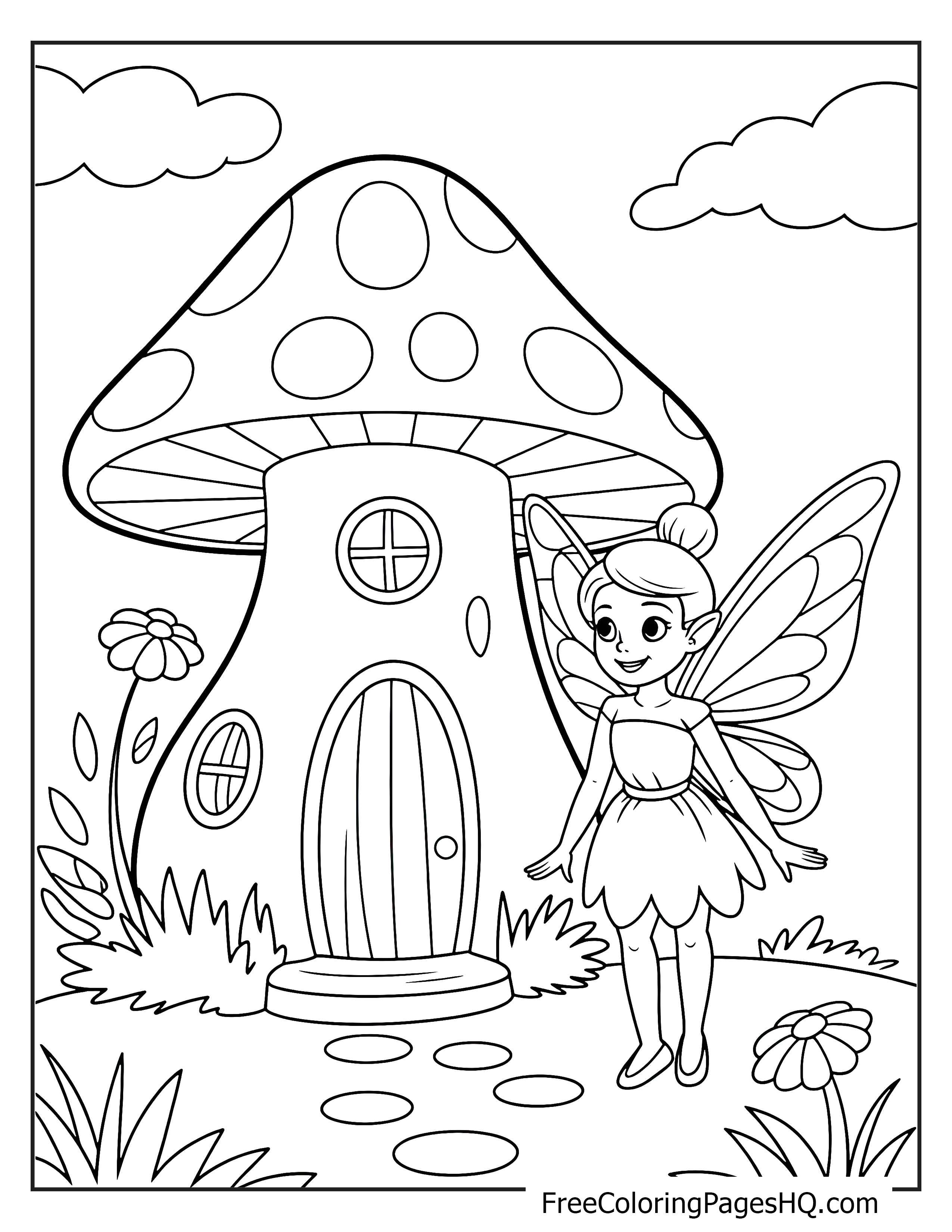 A fairy stands next to a large mushroom house in a whimsical forest.