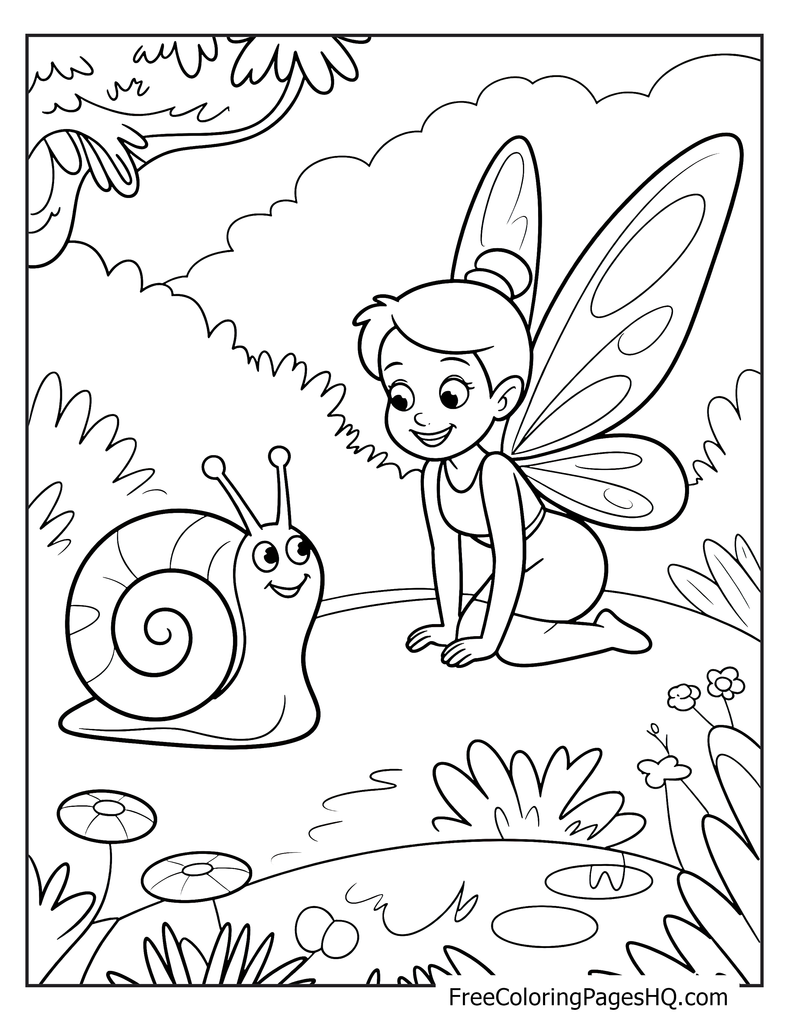 A fairy with wings kneels and smiles at a snail in a garden.