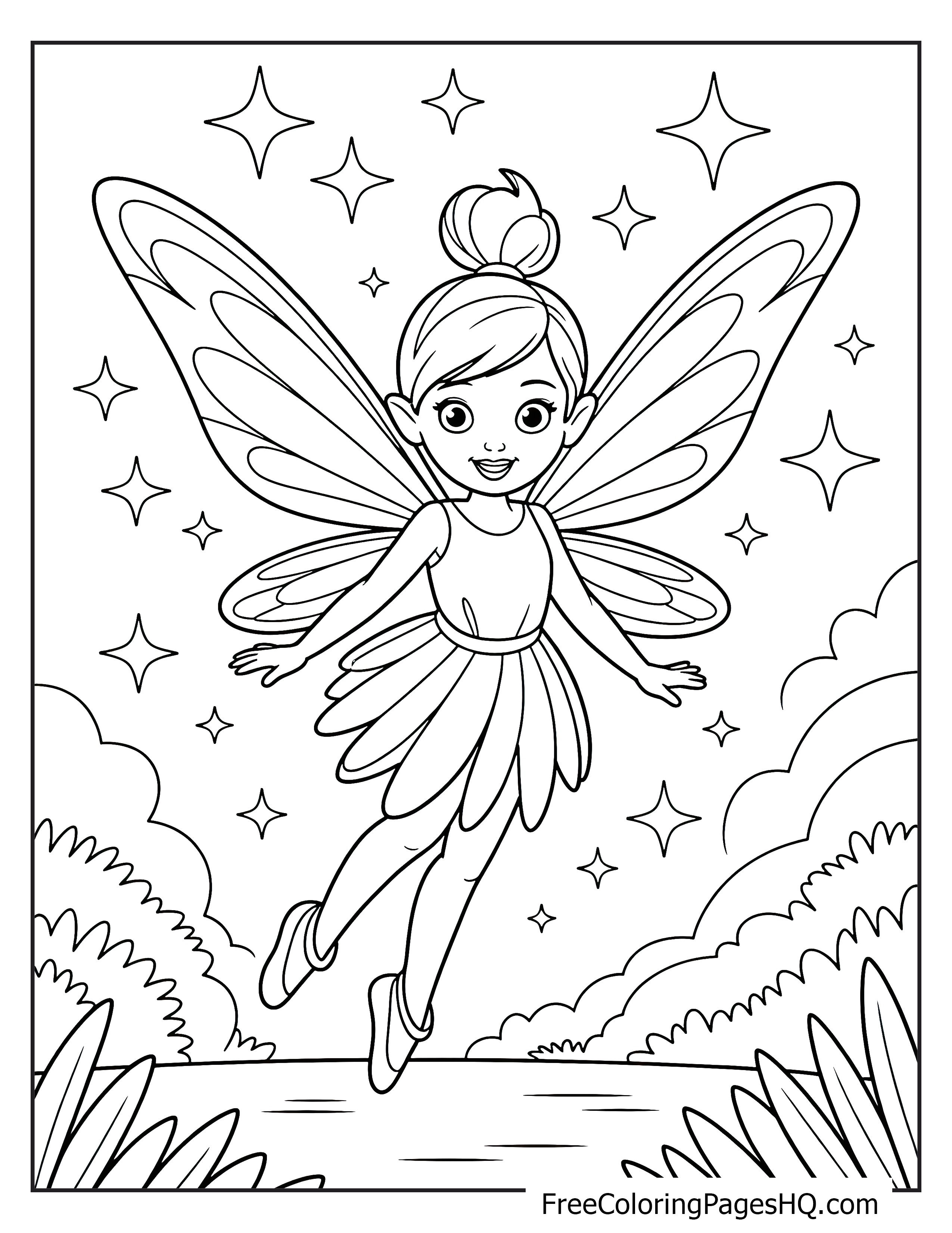 A joyful fairy with wings flying under a starry night sky.