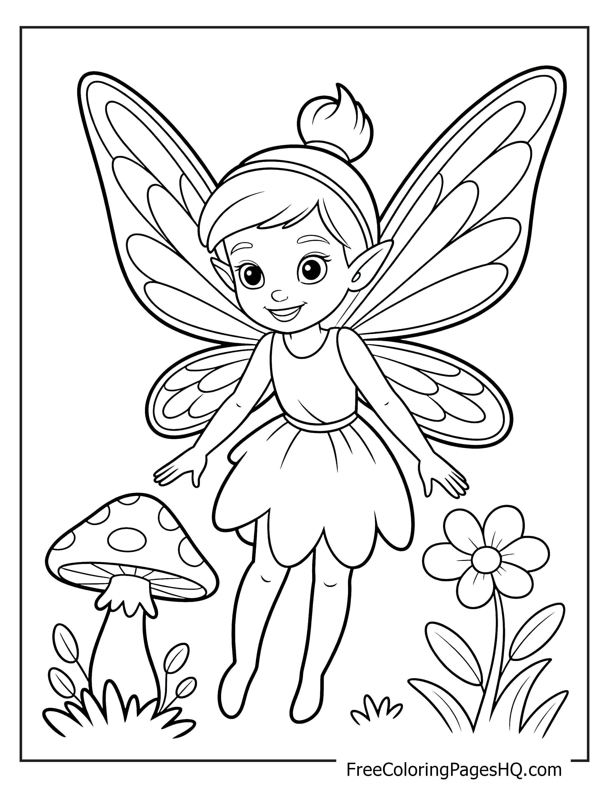 Fairy with large wings hovering beside a mushroom and flower, smiling gently.