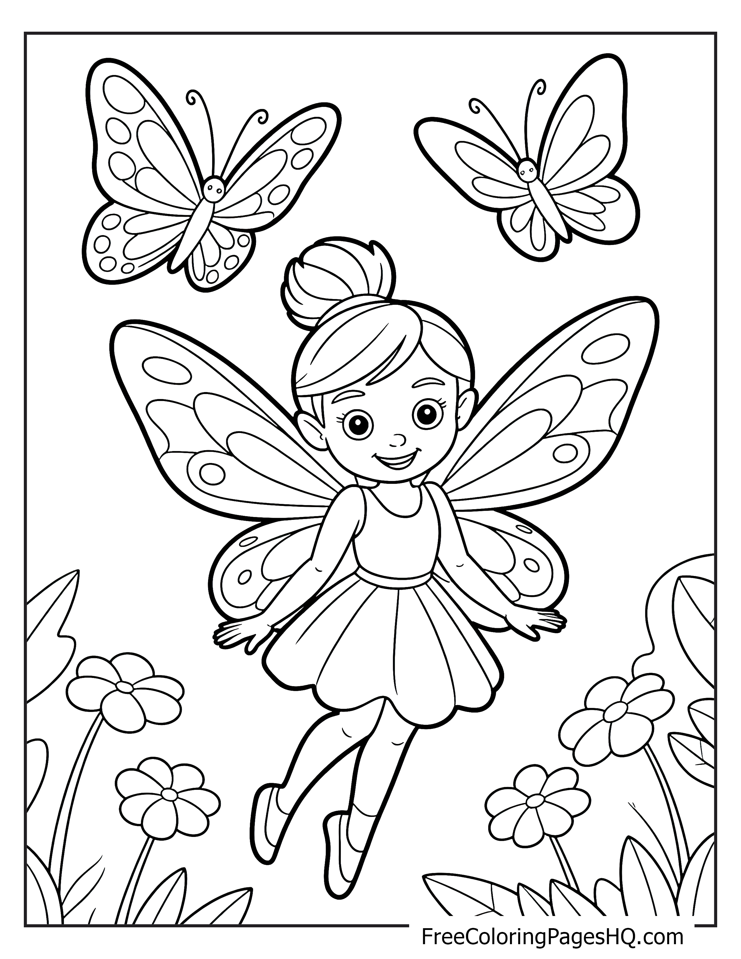 A smiling fairy with wings dances among flowers, with two butterflies nearby.