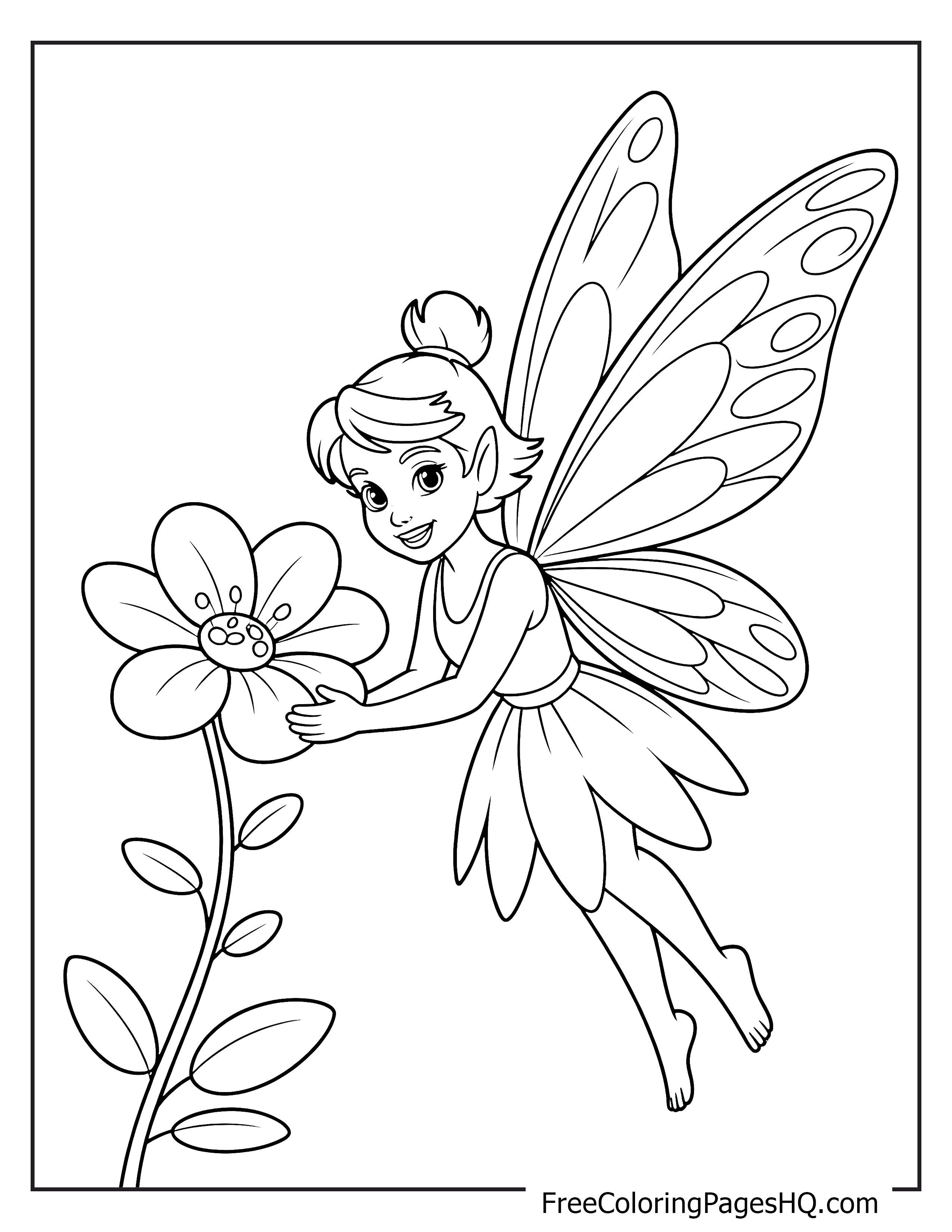 Fairy with wings reaching for a flower in a garden.