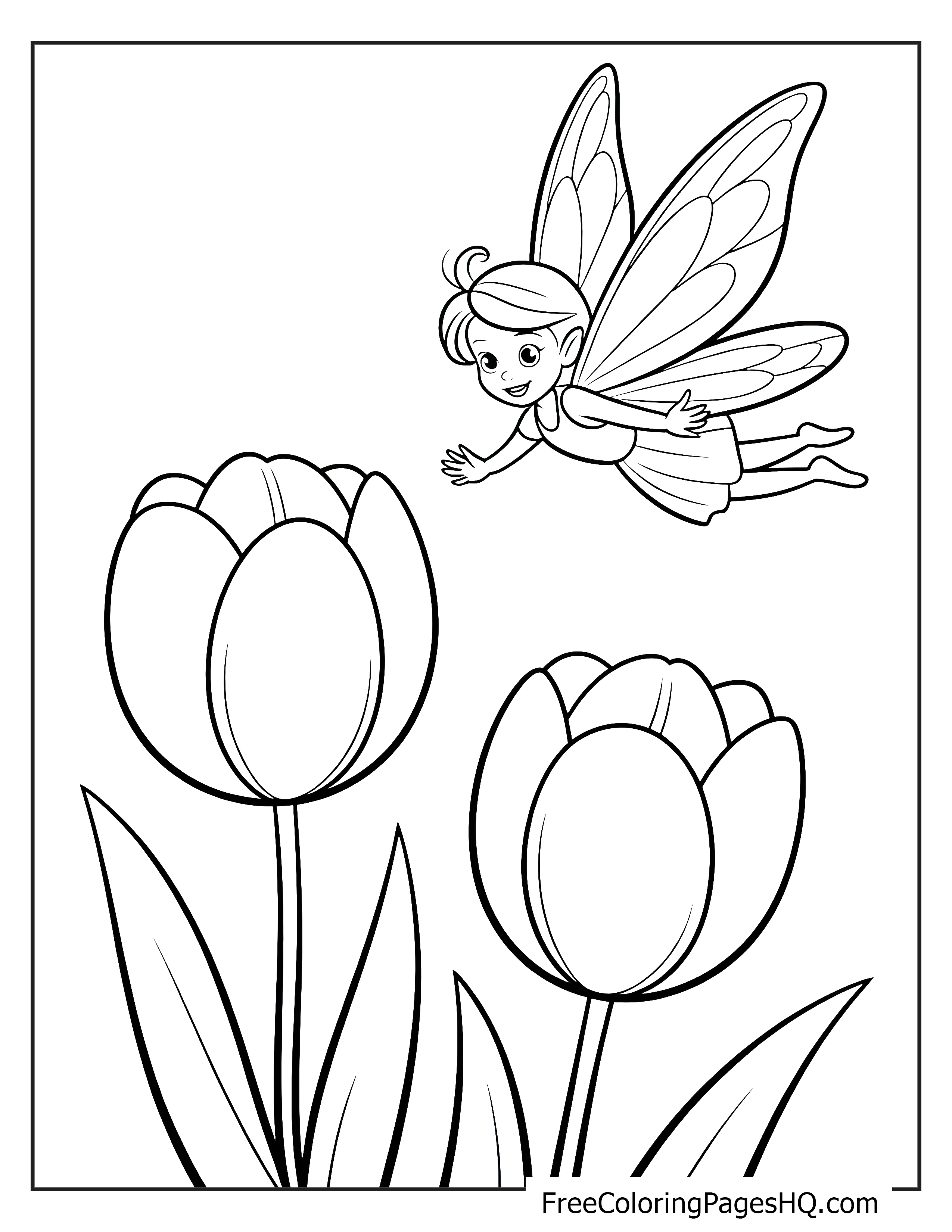 A happy fairy flying over a pair of large tulips in a garden.