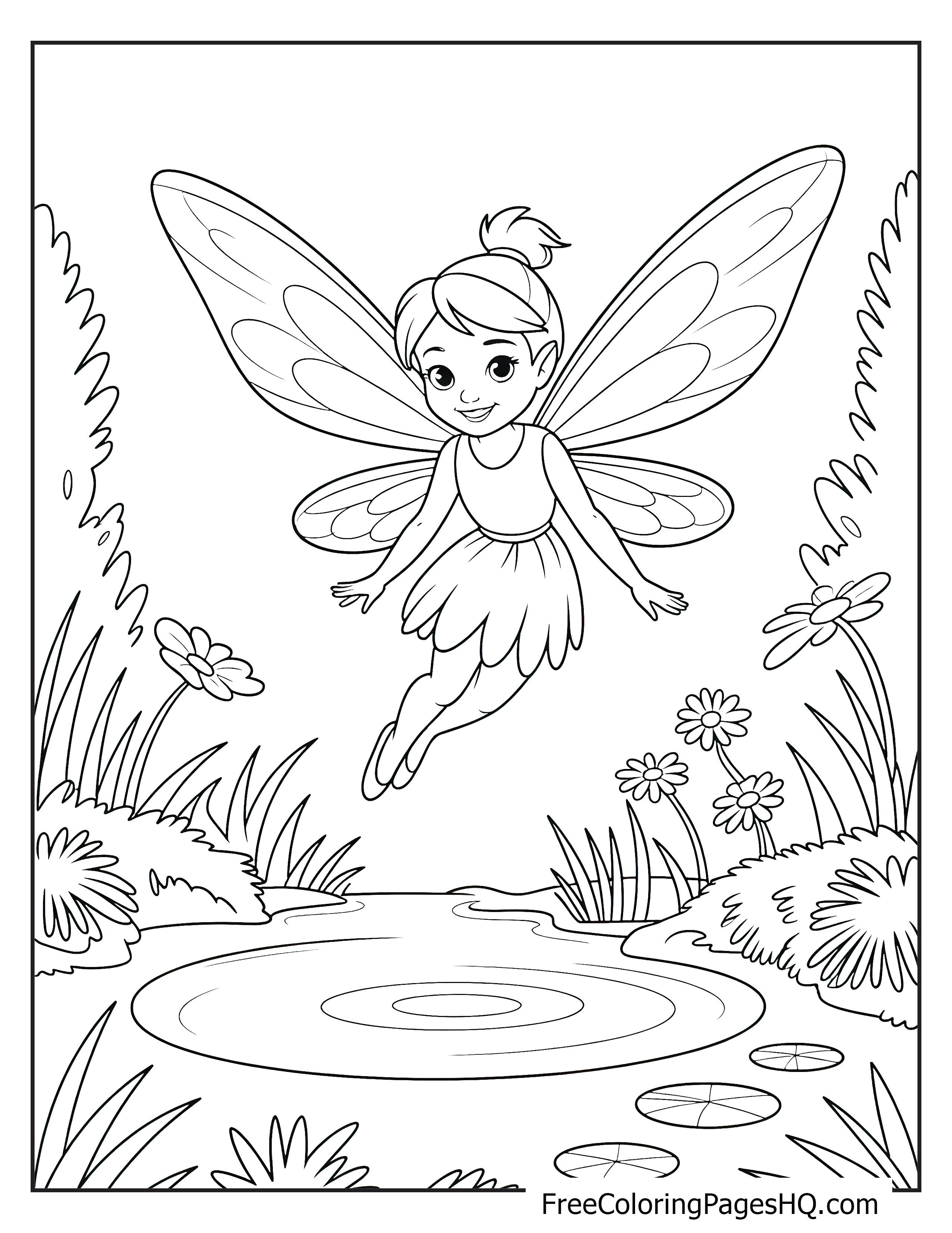 A fairy with wings hovers above a pond with flowers around.