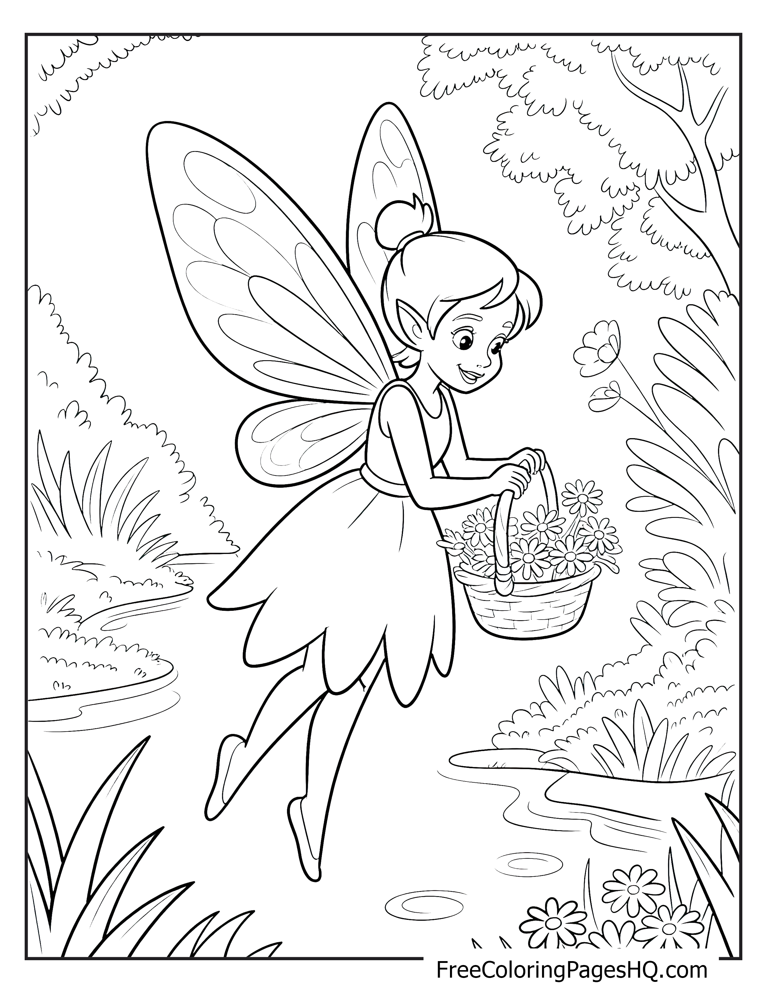 A smiling fairy with wings gathers flowers by a stream, holding a basket of daisies.