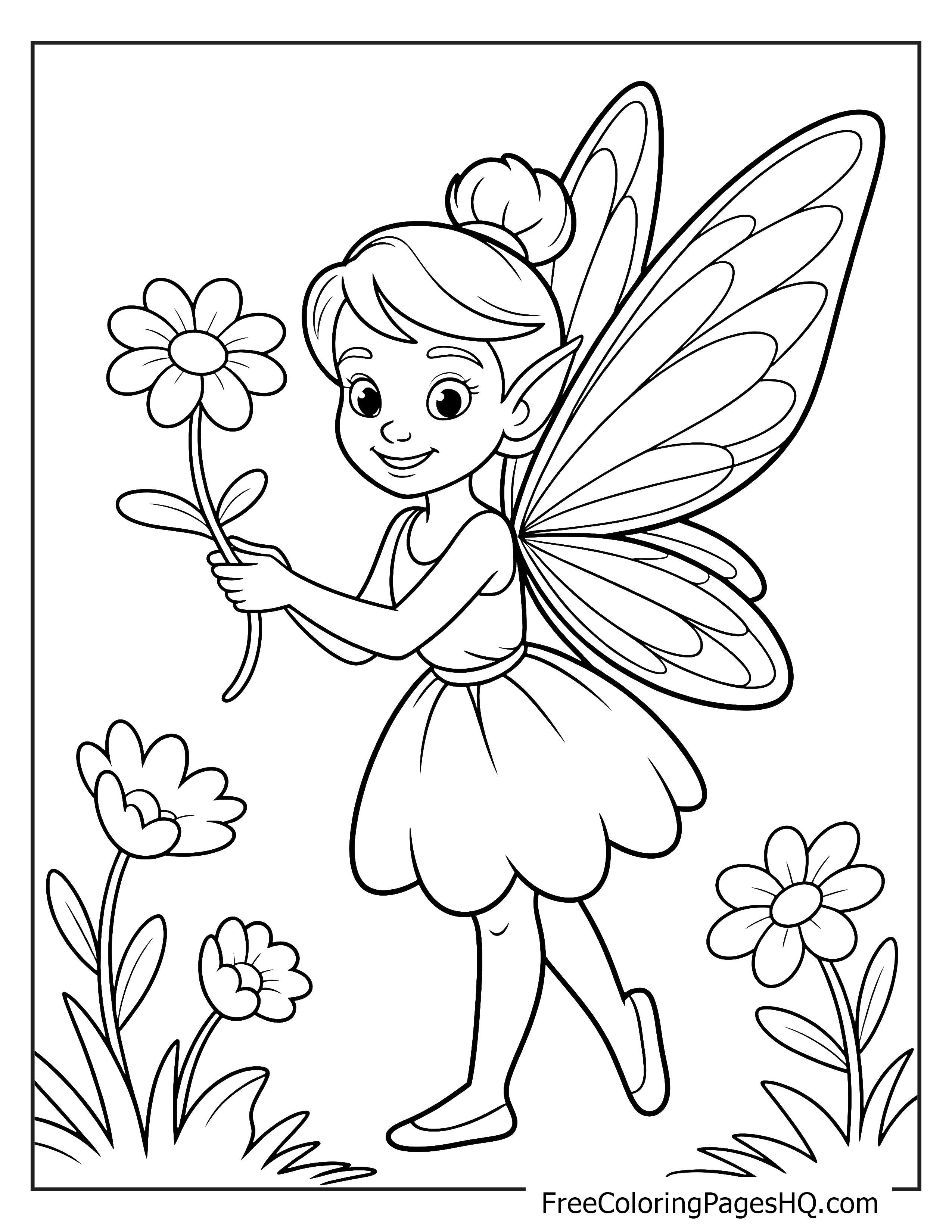 A cheerful fairy with wings holds a daisy in a garden.