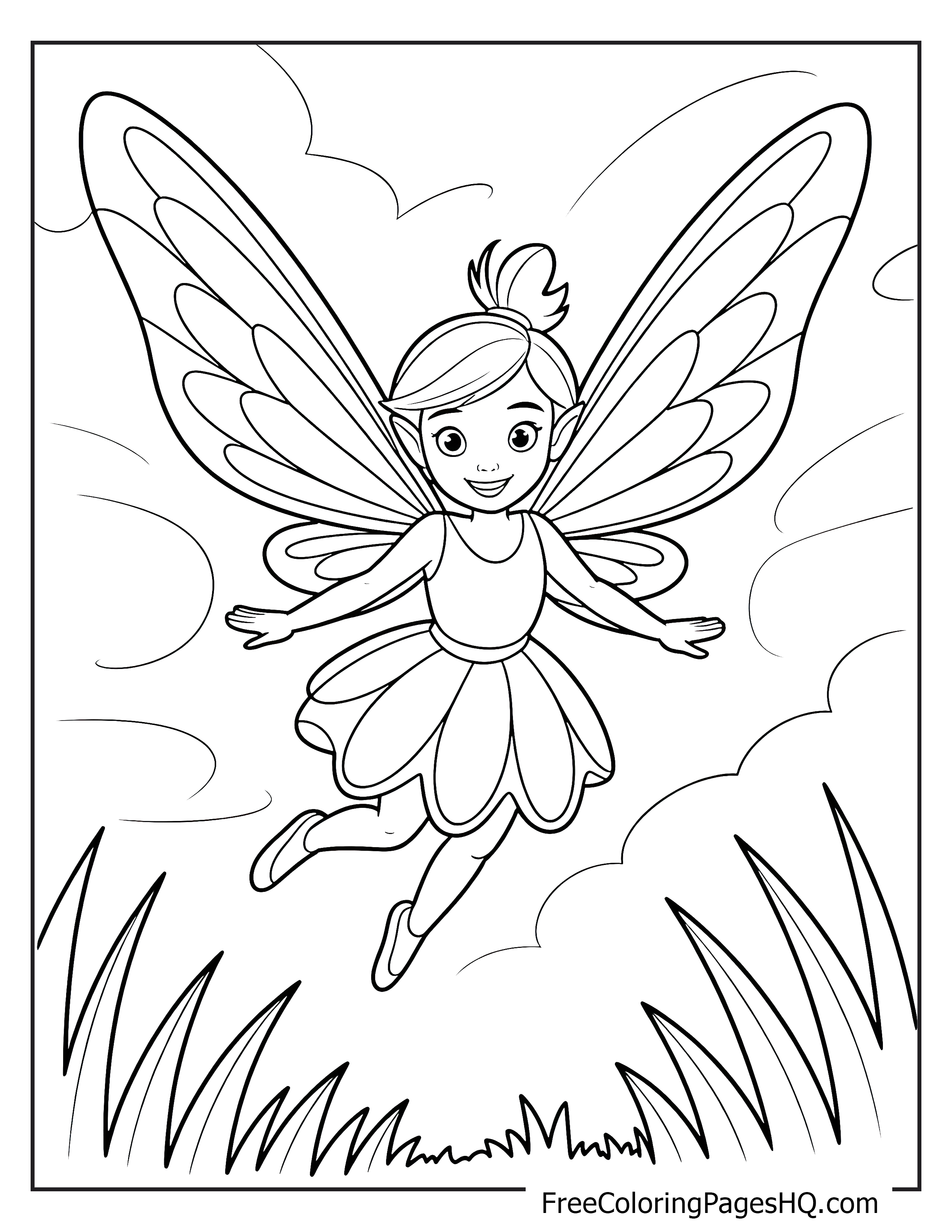 A fairy with big wings flying amid clouds over grassy fields.