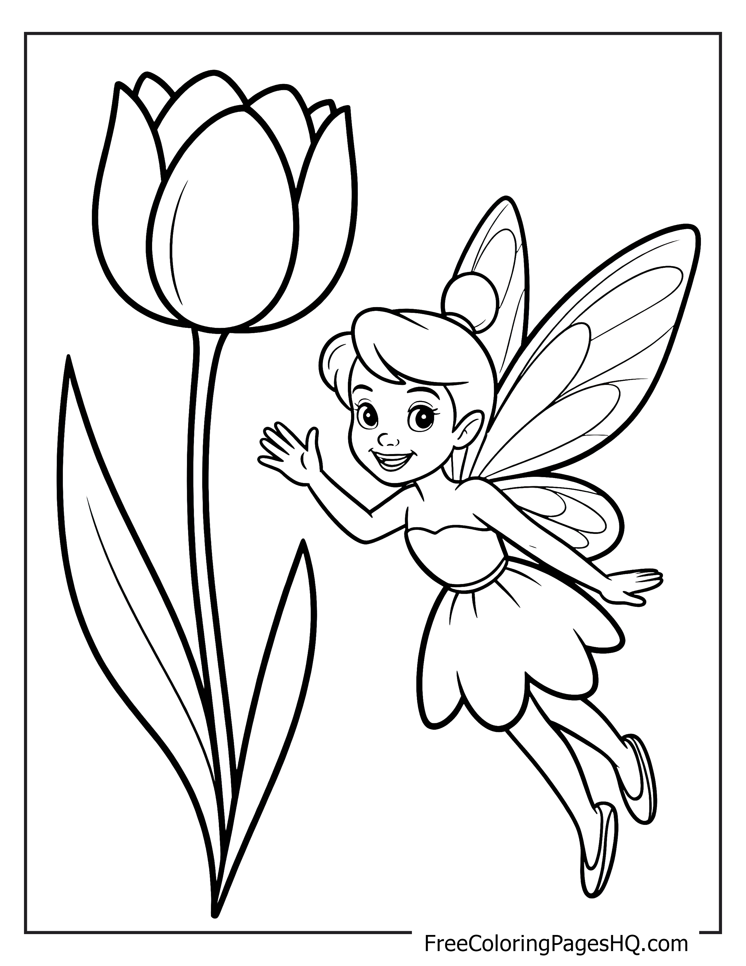 A fairy with wings waves beside a large tulip flower.