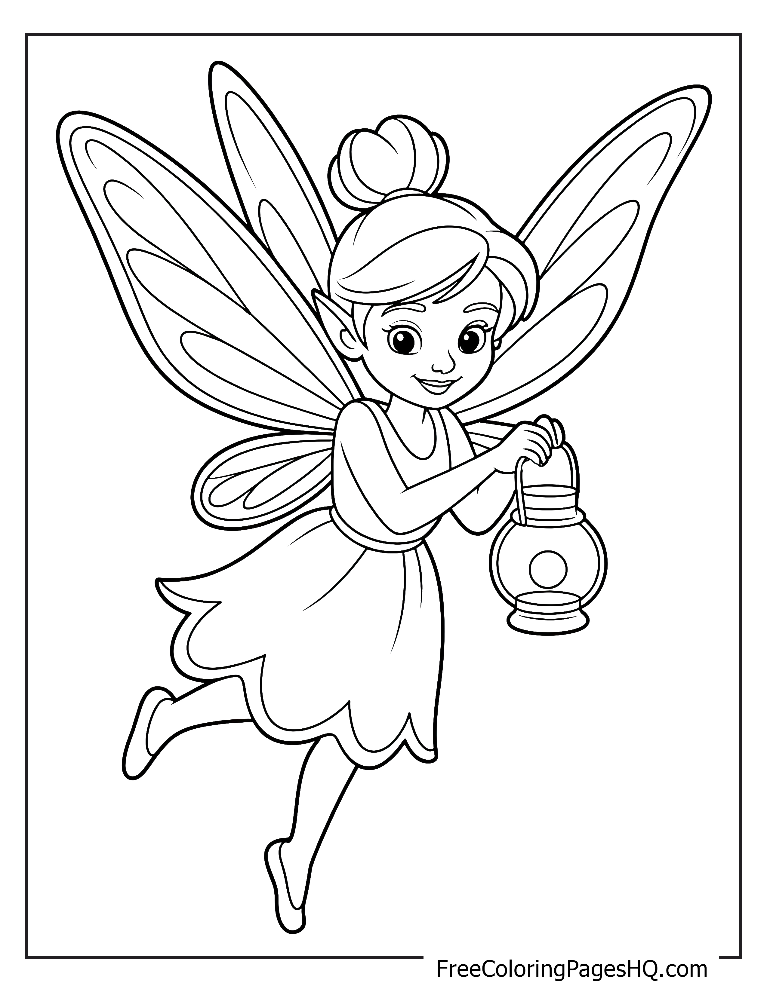 A fairy with wings holds a lantern while flying.