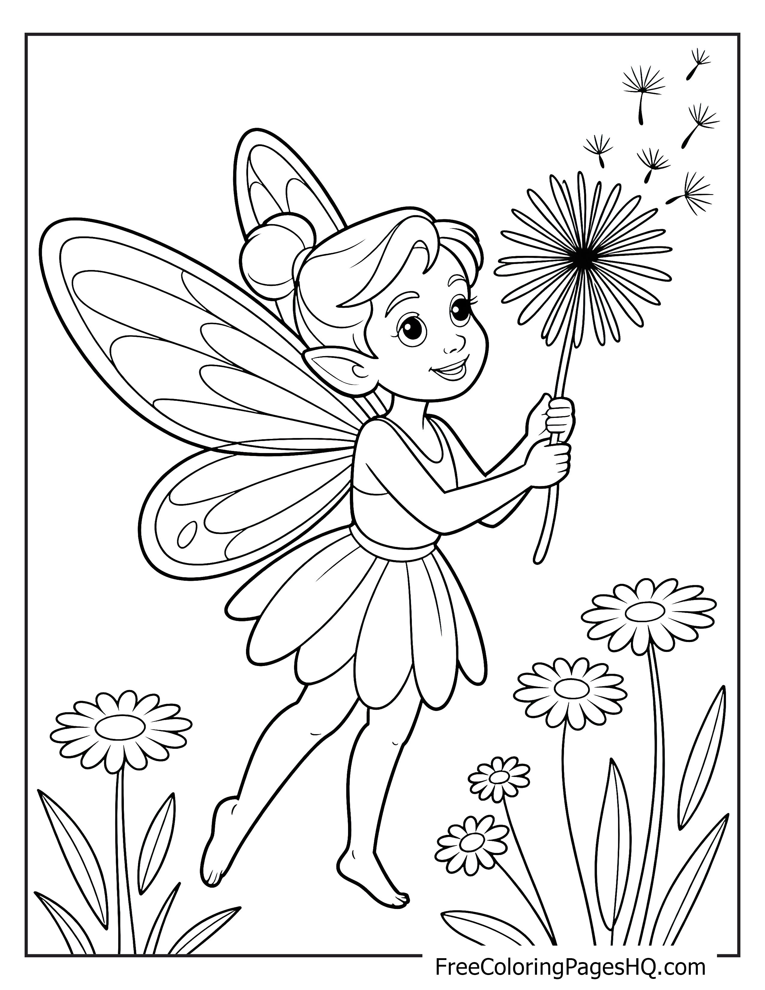 A happy fairy holding a dandelion, with flowers around her.
