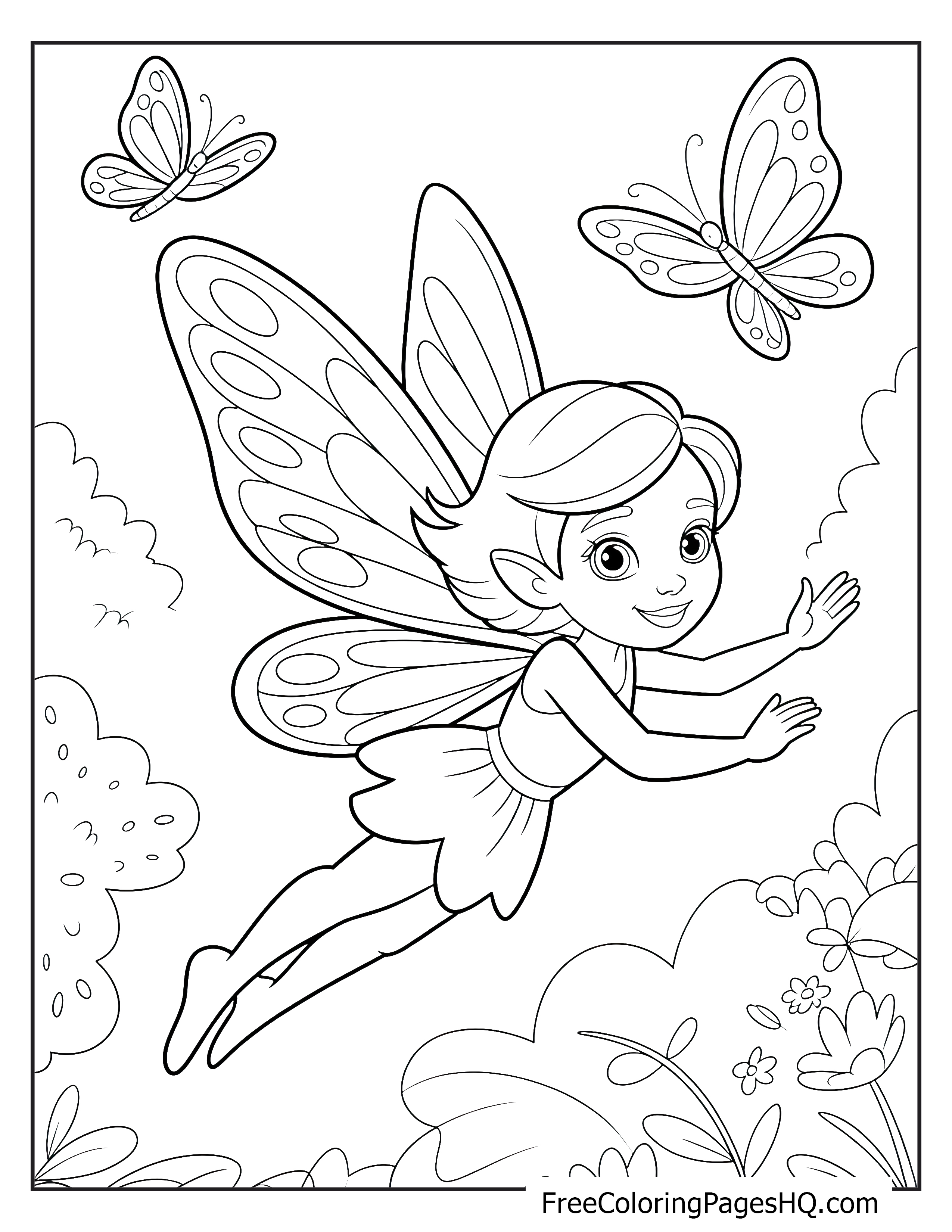 A fairy with wings flying near two butterflies in a garden setting.