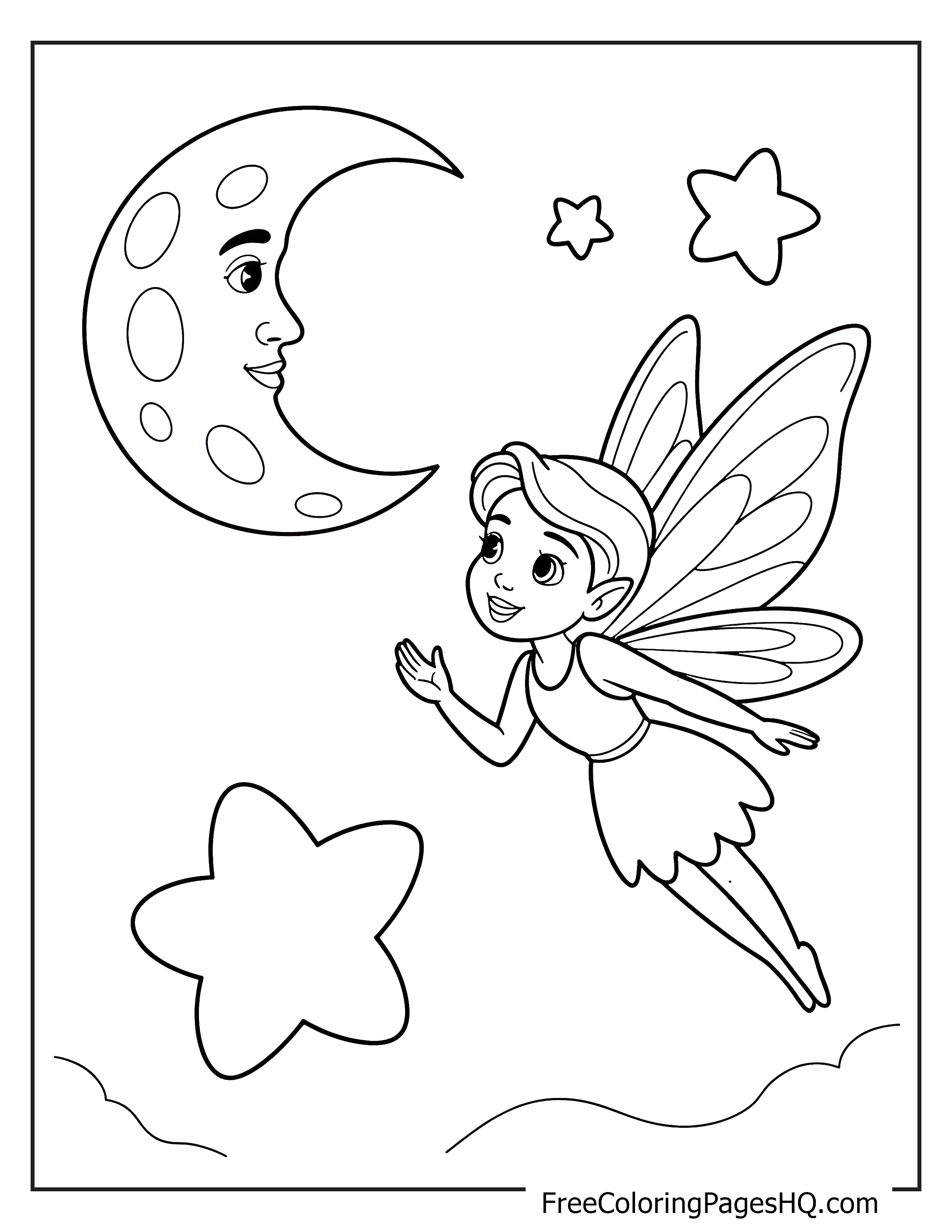 A fairy with wings floats toward a smiling moon and stars.