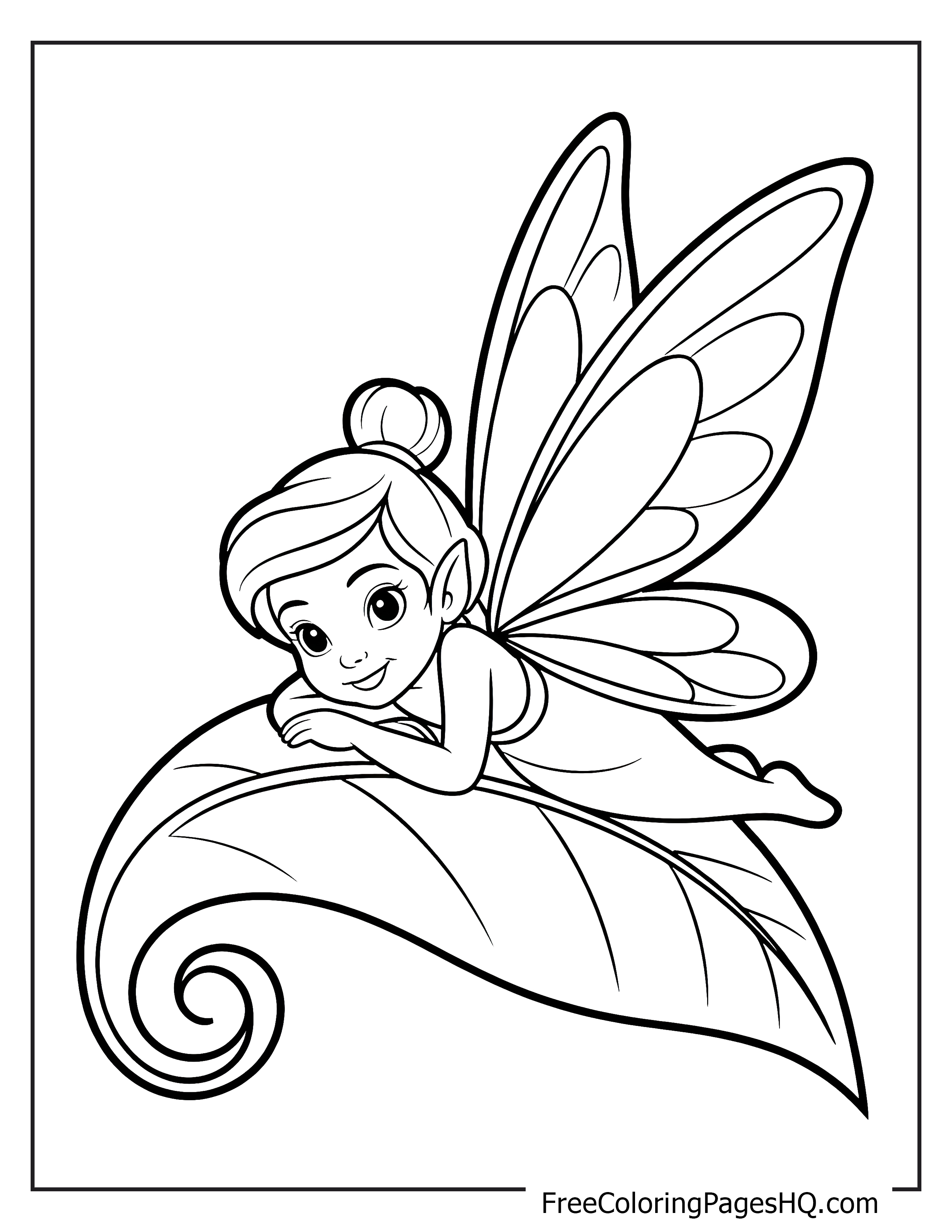 A friendly fairy with wings lying on a swirling leaf, smiling.