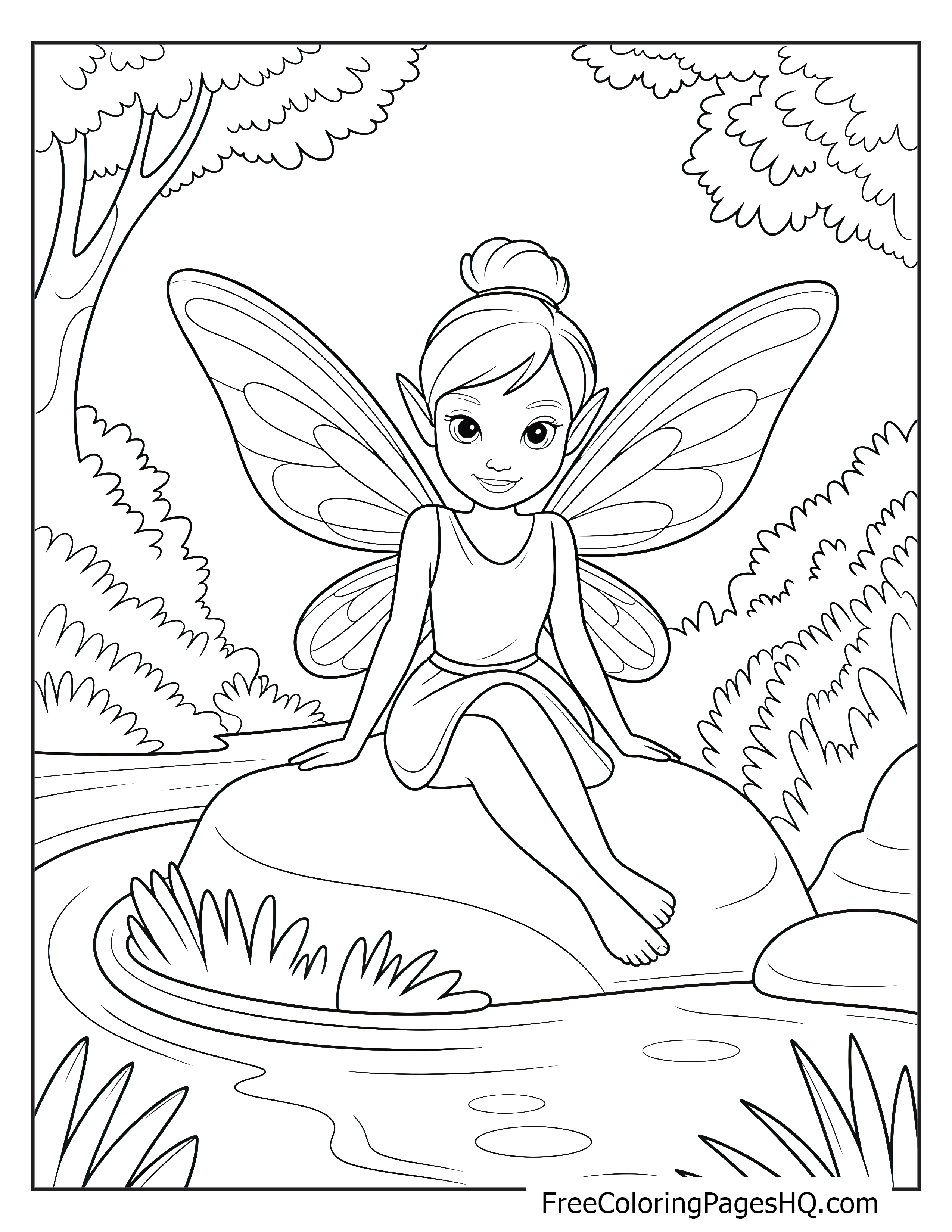 Fairy with butterfly wings sitting on a rock by a stream, surrounded by trees.