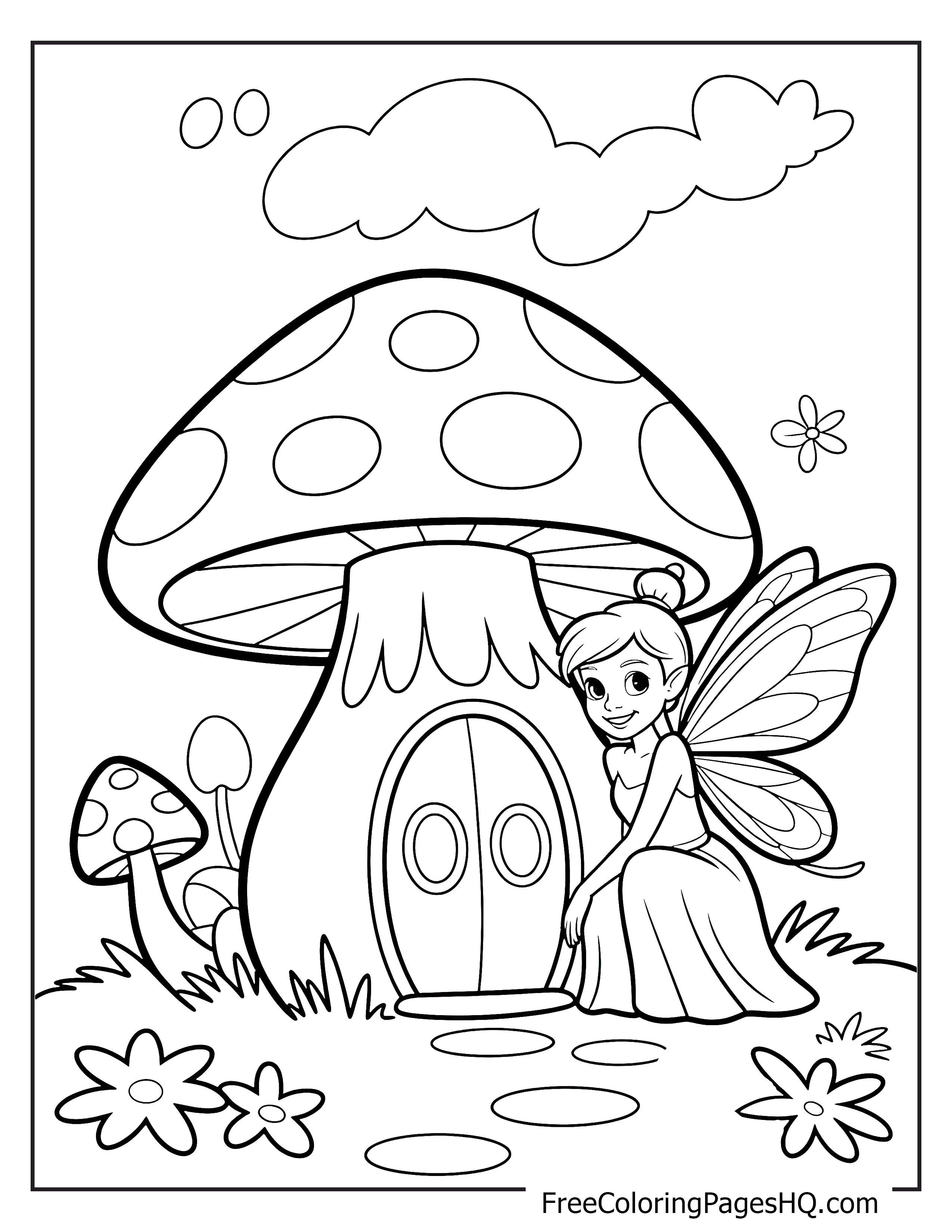 A fairy sits by a large mushroom house with a smile.
