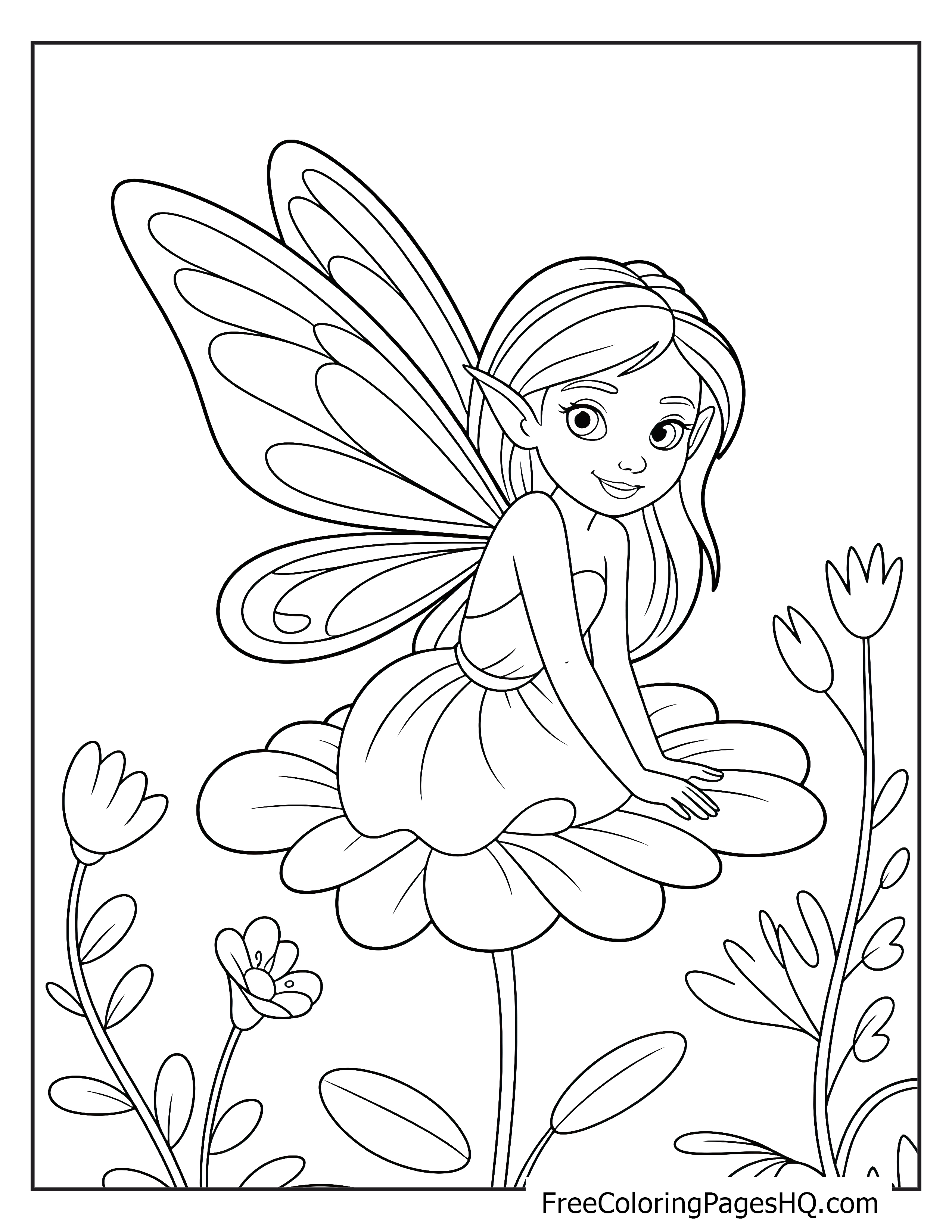 A fairy with wings sitting on a flower amidst other flowers.