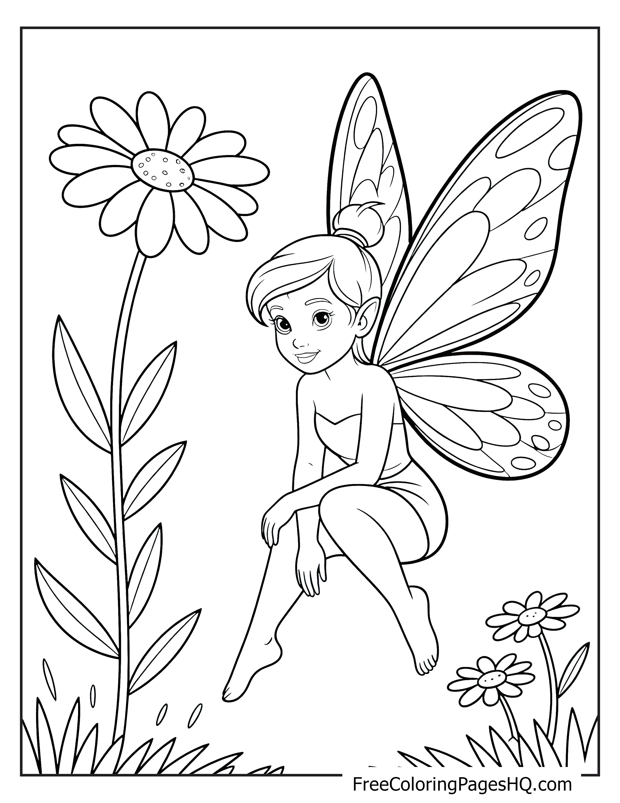 Fairy with large wings sitting by a big flower with more blossoms around.