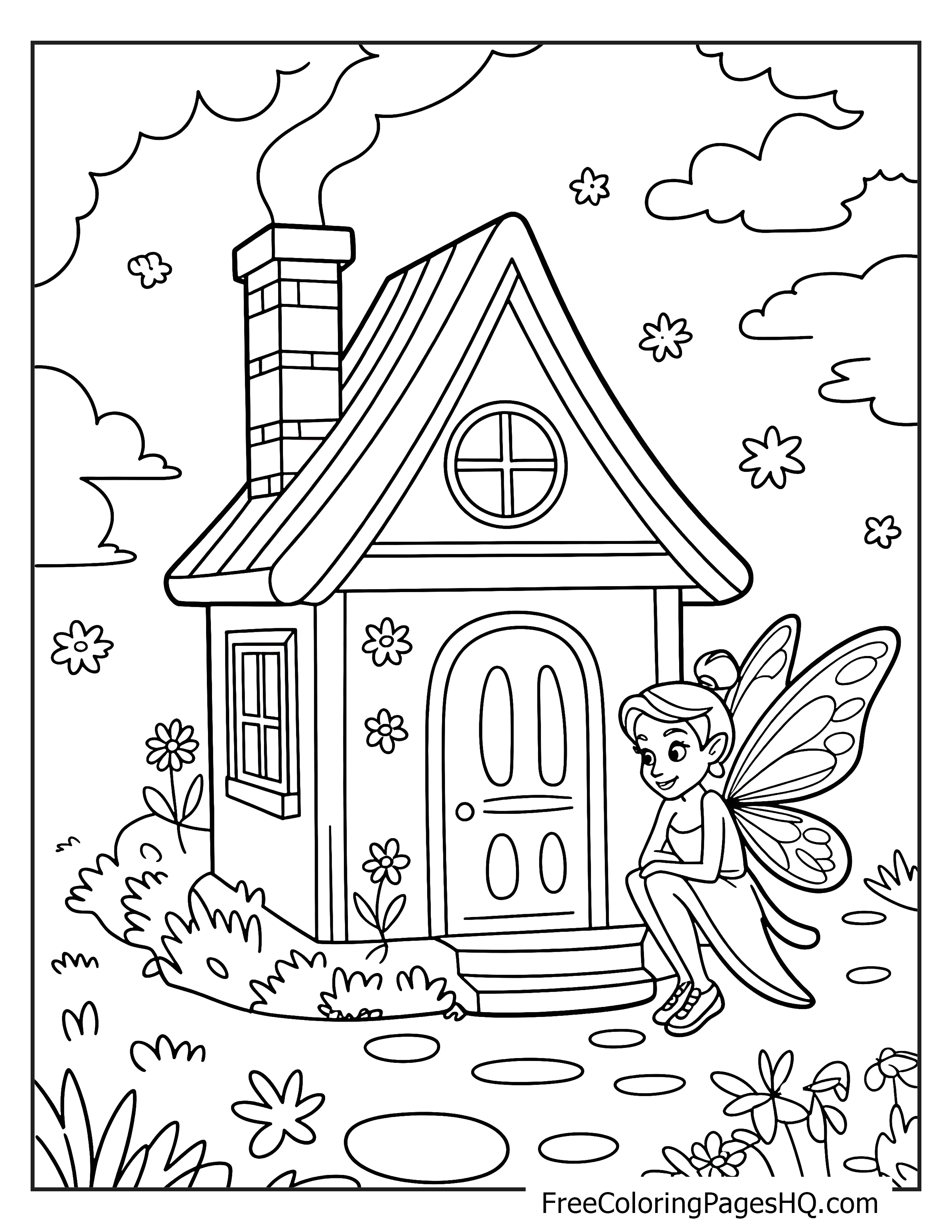 Fairy sitting by a cozy cottage with flowers around.
