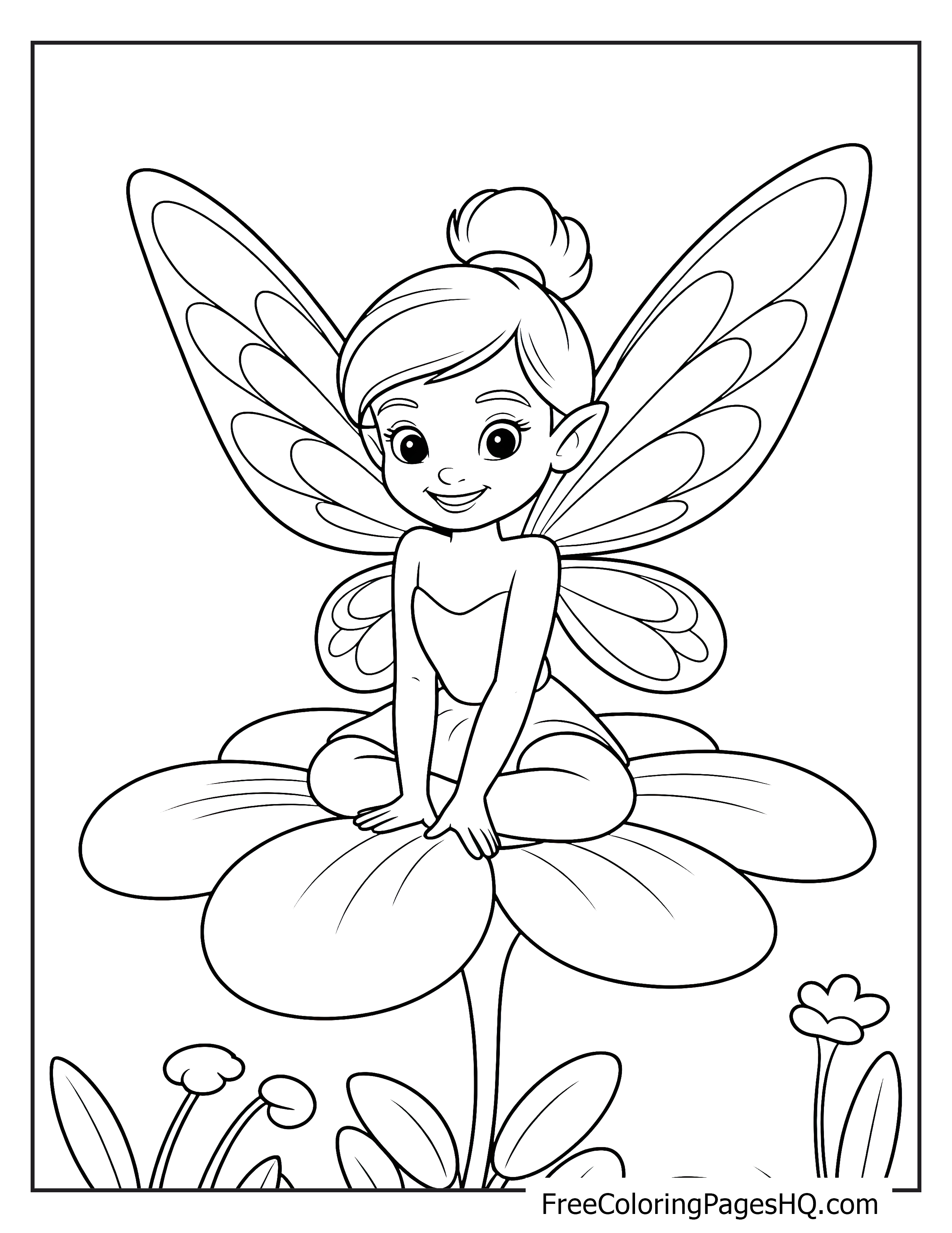 A smiling fairy with wings sitting on a flower.