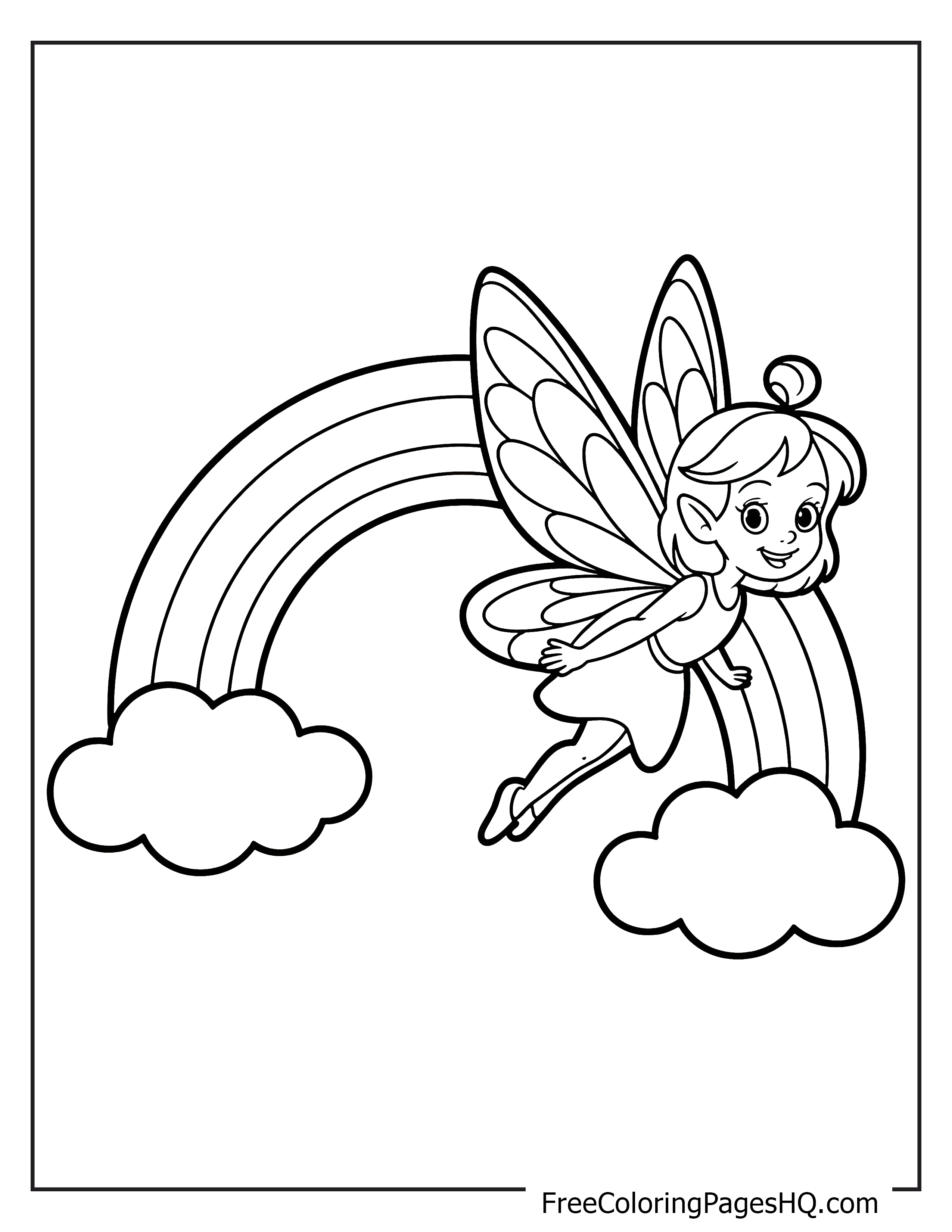 A cheerful fairy with butterfly wings flies over a rainbow between fluffy clouds.