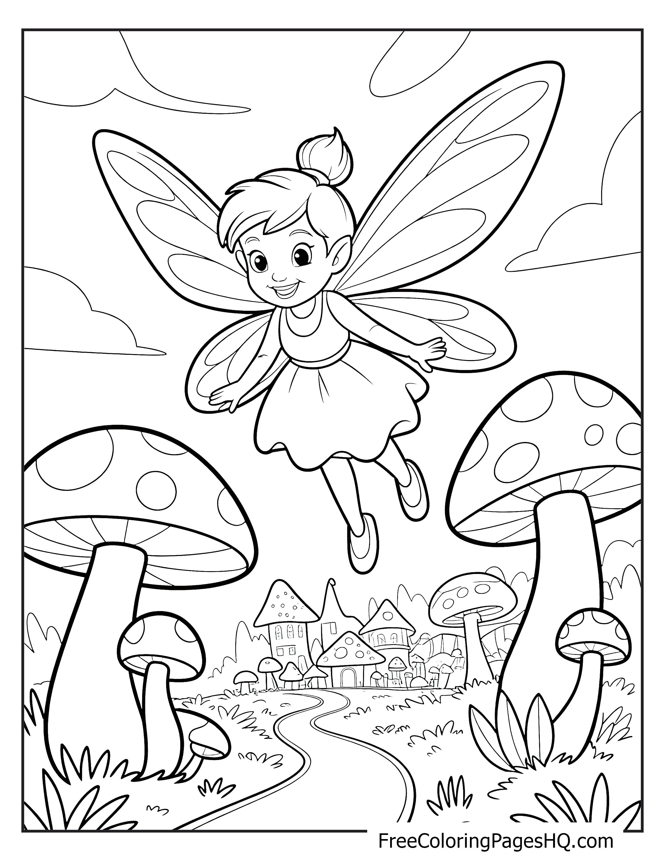 A joyful fairy with wings flies over a village of large mushrooms.