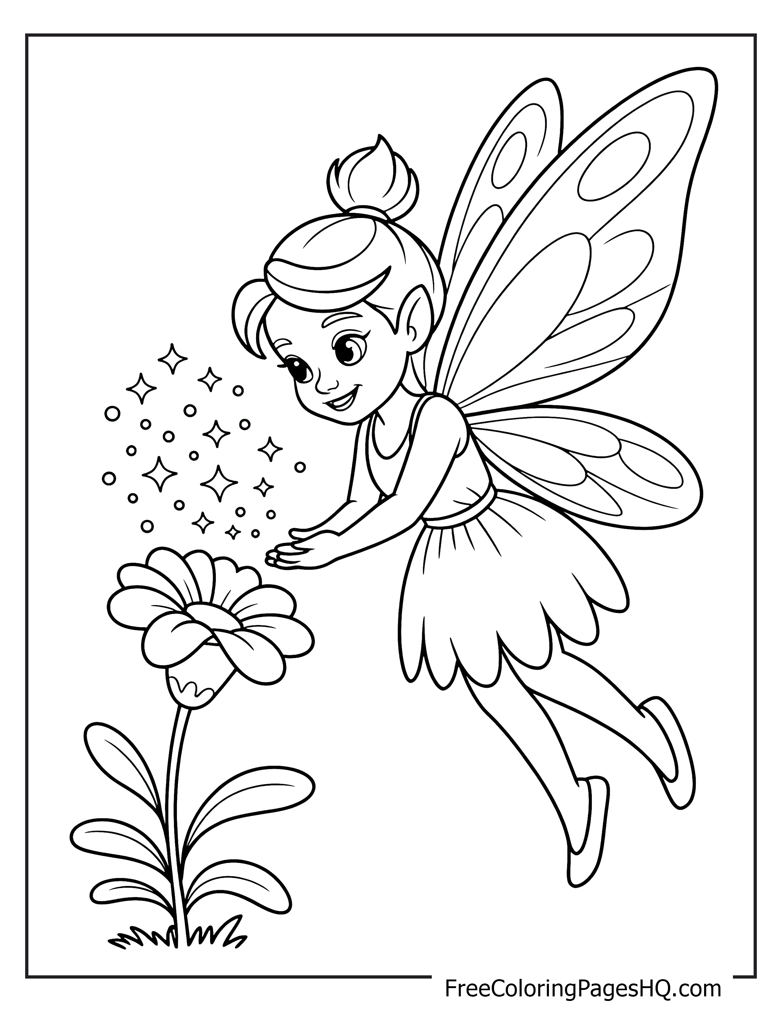A fairy with large wings sprinkles magic sparkles onto a flower.