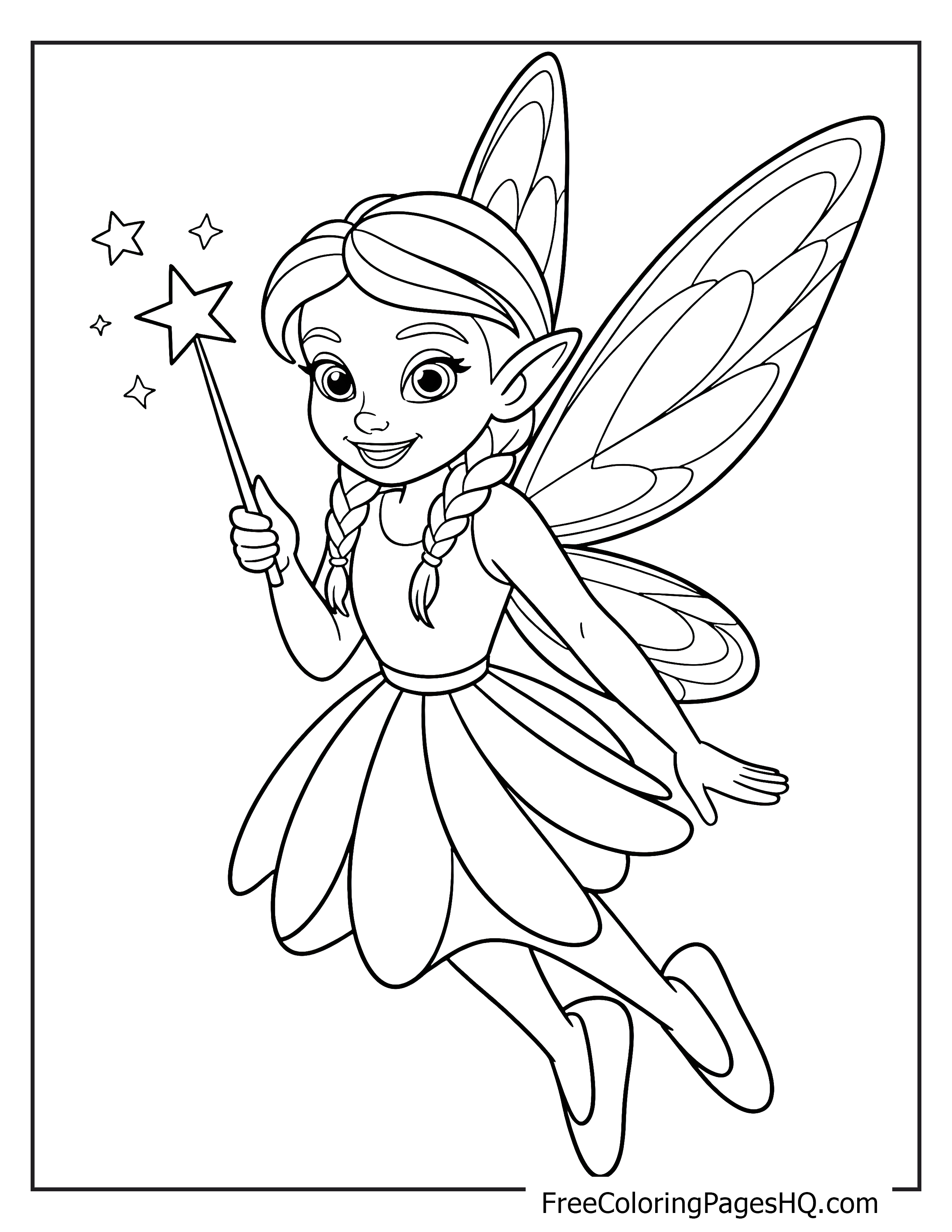 A fairy with wings holds a wand, surrounded by stars.