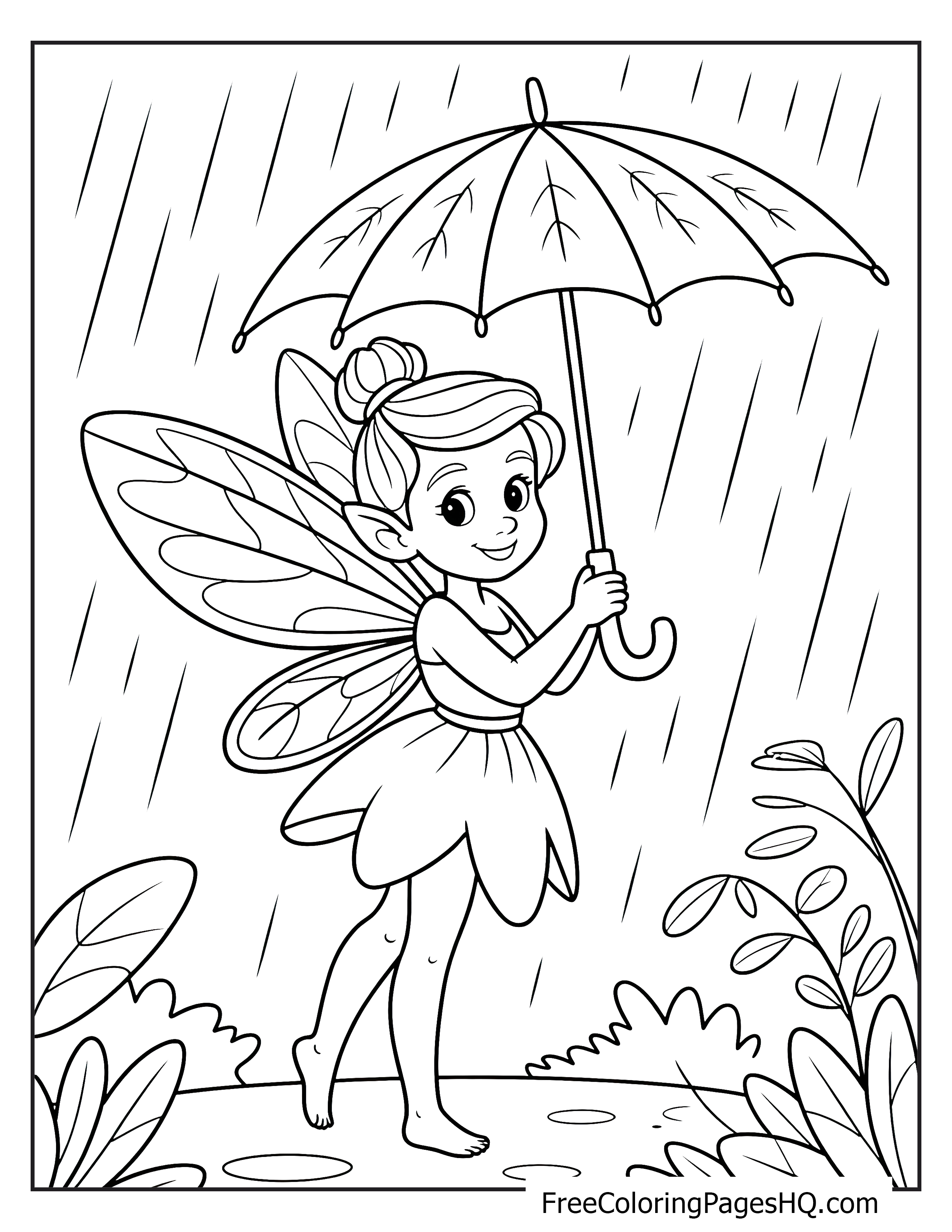 A fairy with a leaf umbrella walking in the rain with wings outstretched.
