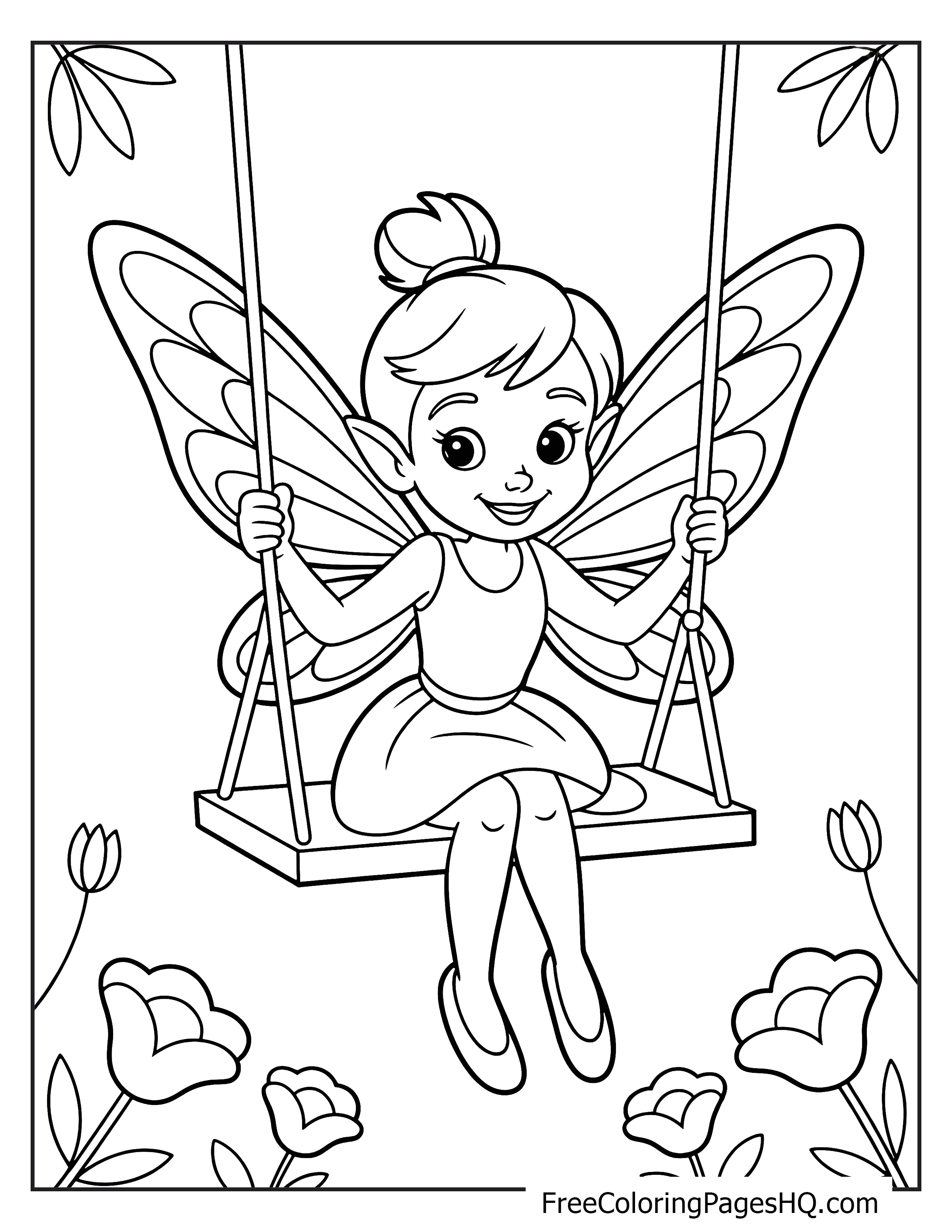A fairy sitting on a swing, surrounded by flowers with a joyful expression.