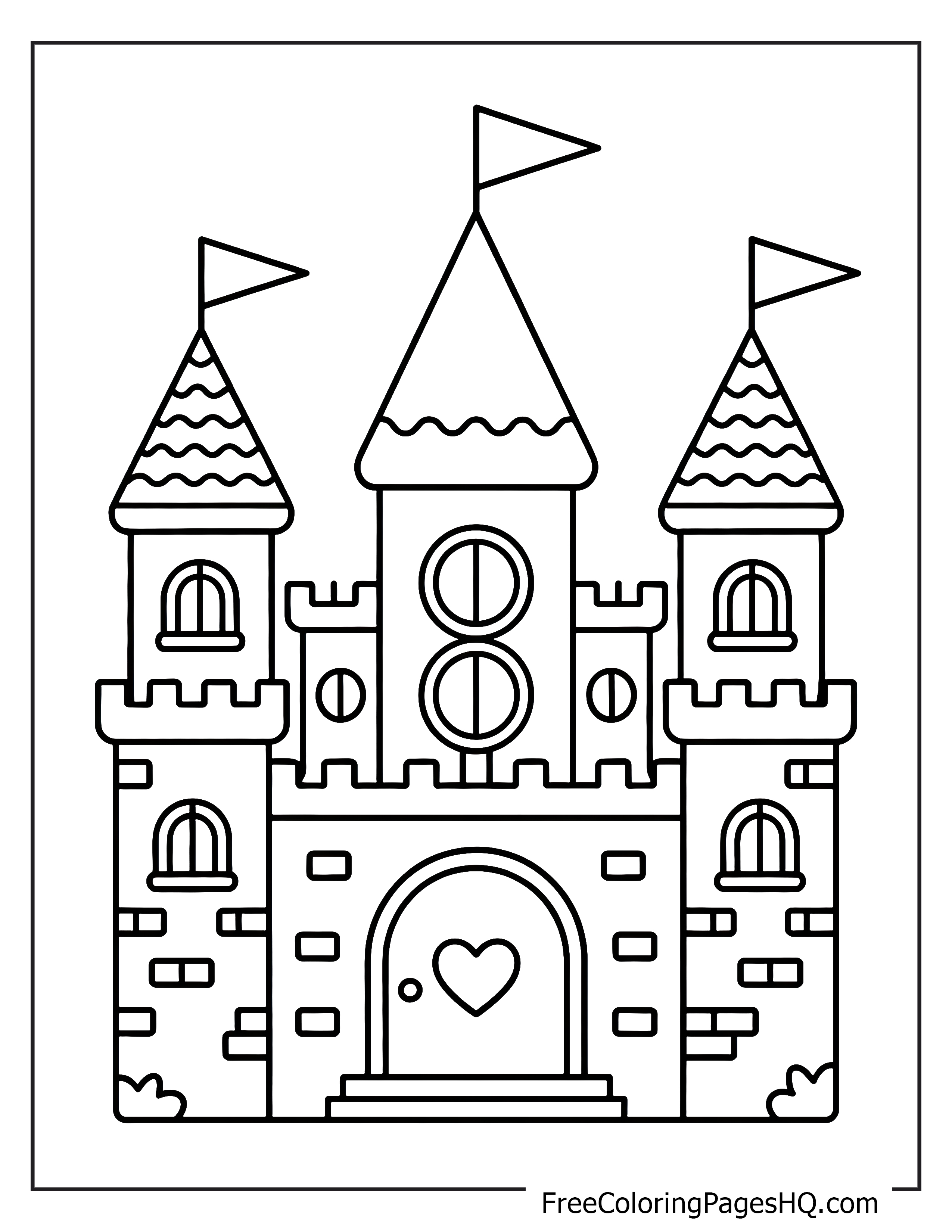 A large fairy tale castle featuring three towers and a heart-shaped door.