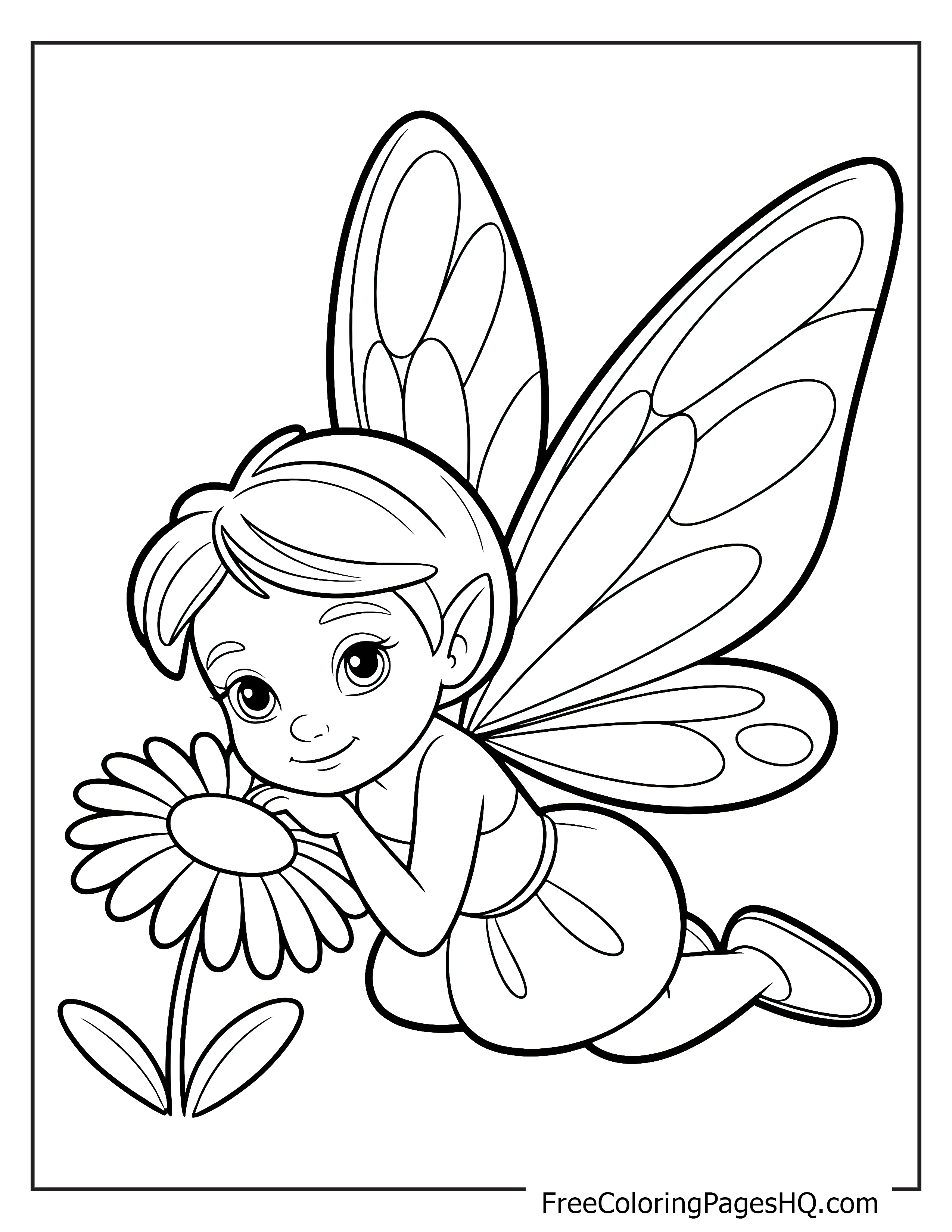 A fairy with butterfly wings resting on a daisy, smiling softly.