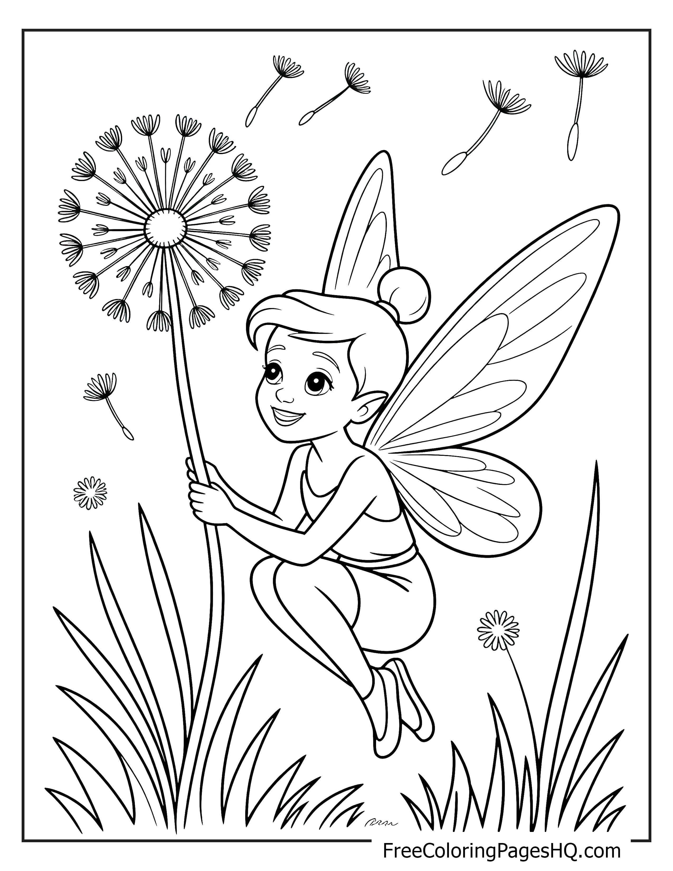 A joyful fairy with wings holds a large dandelion, seeds drifting around her.