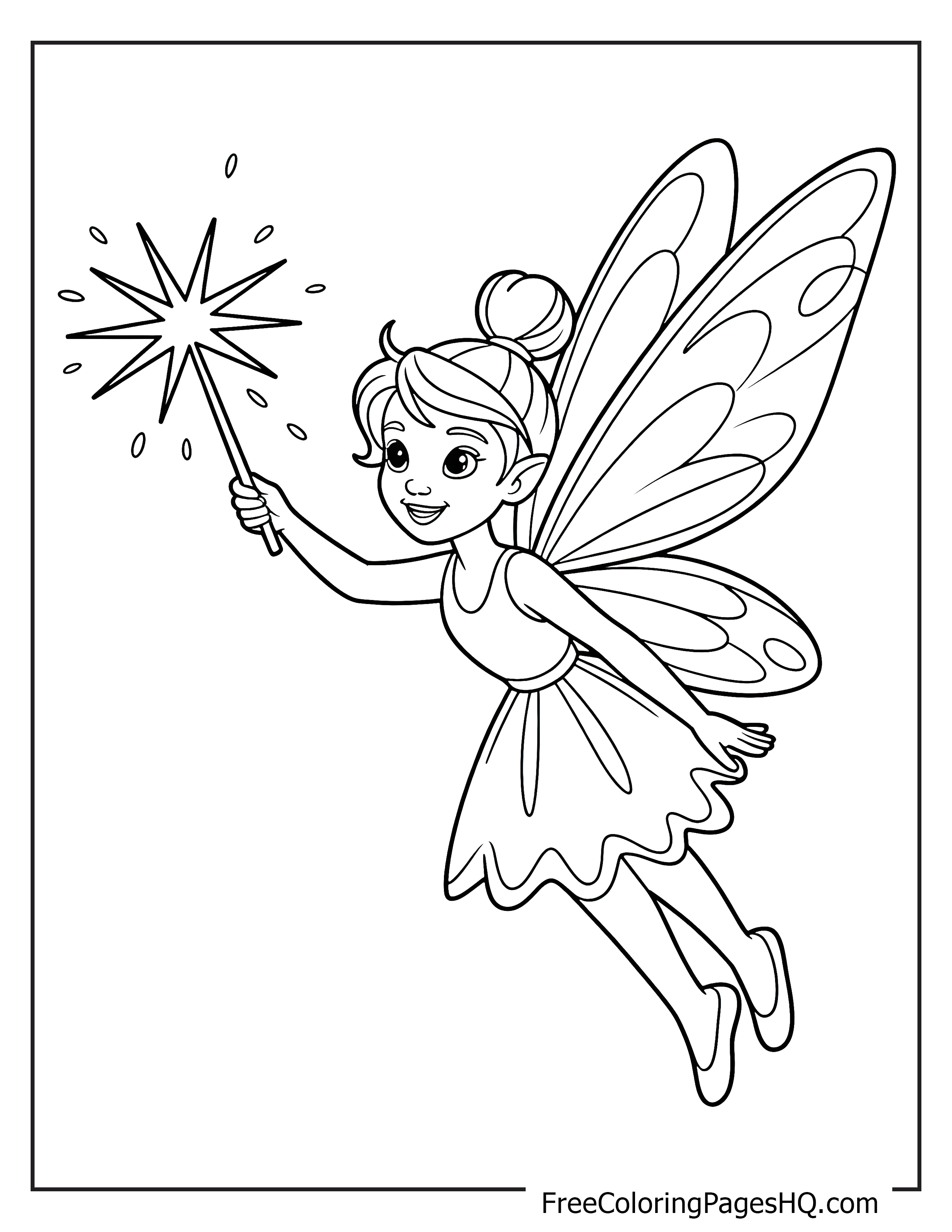 A cheerful fairy holding a glowing wand, flying with her wings extended.