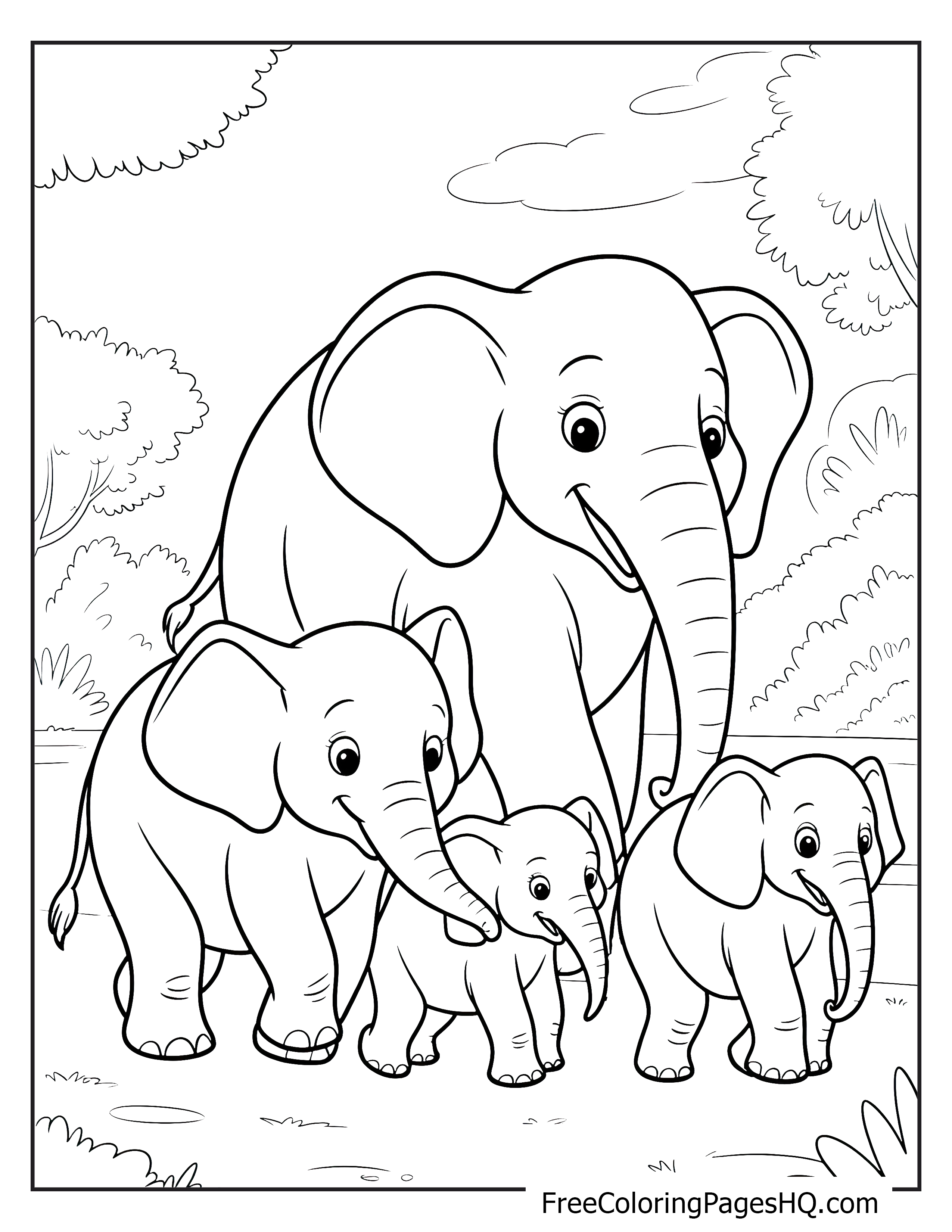 A joyful elephant family, including two calves, strolling in a green park.