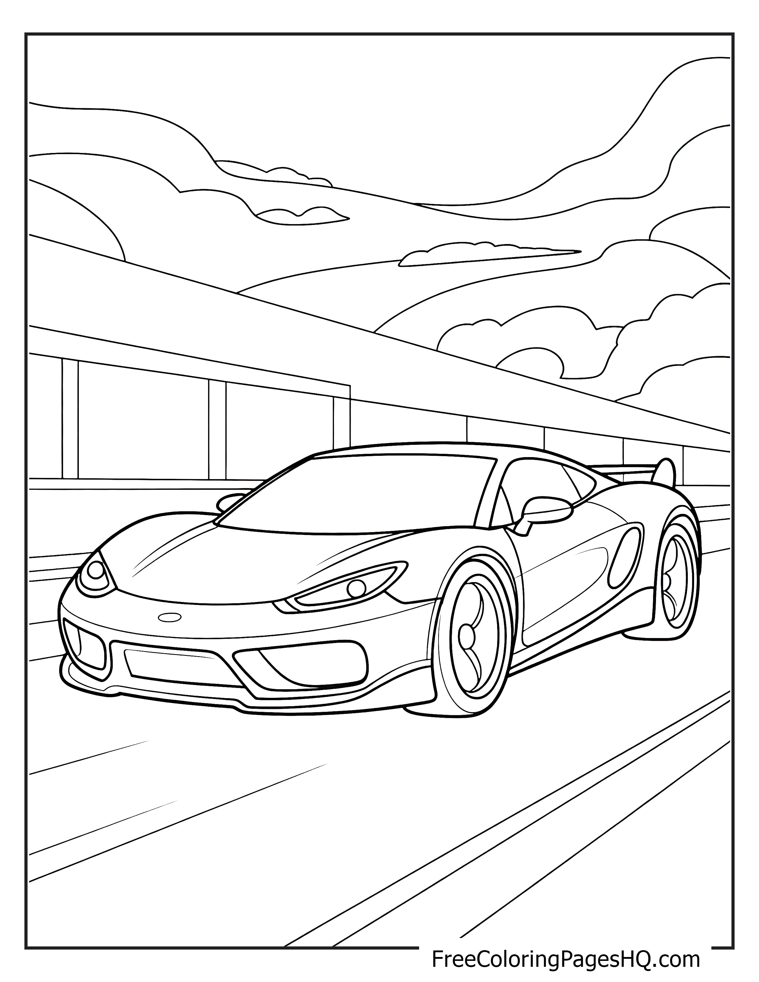 Illustration of a sports car racing on a highway.