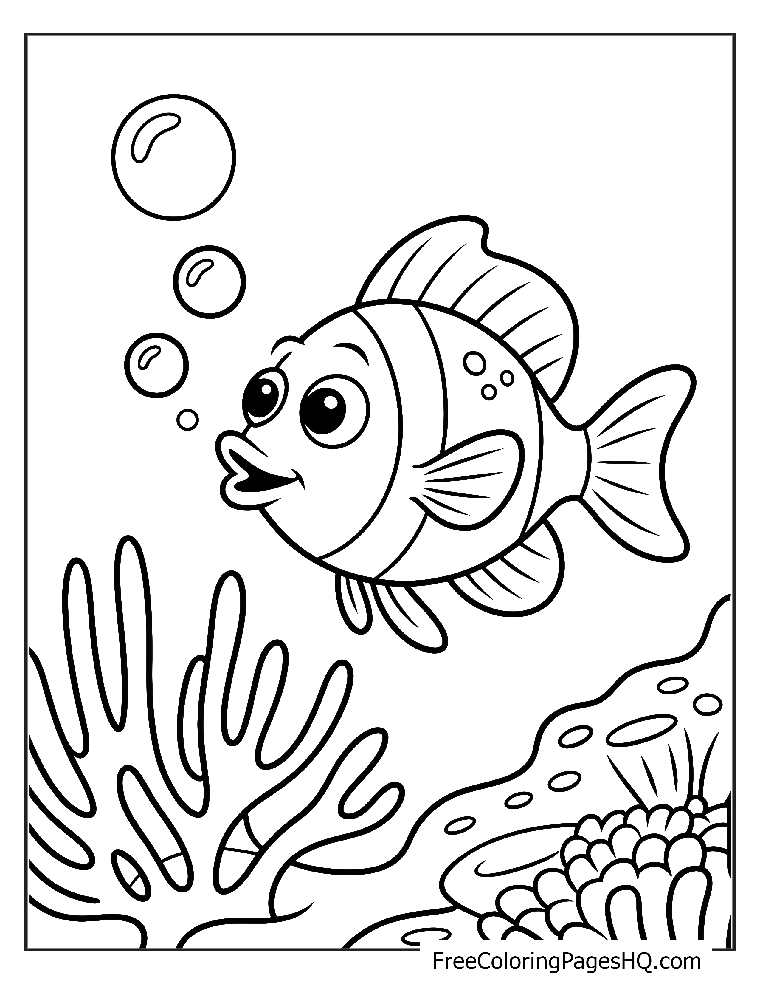 Smiling fish swimming with bubbles and coral reef.