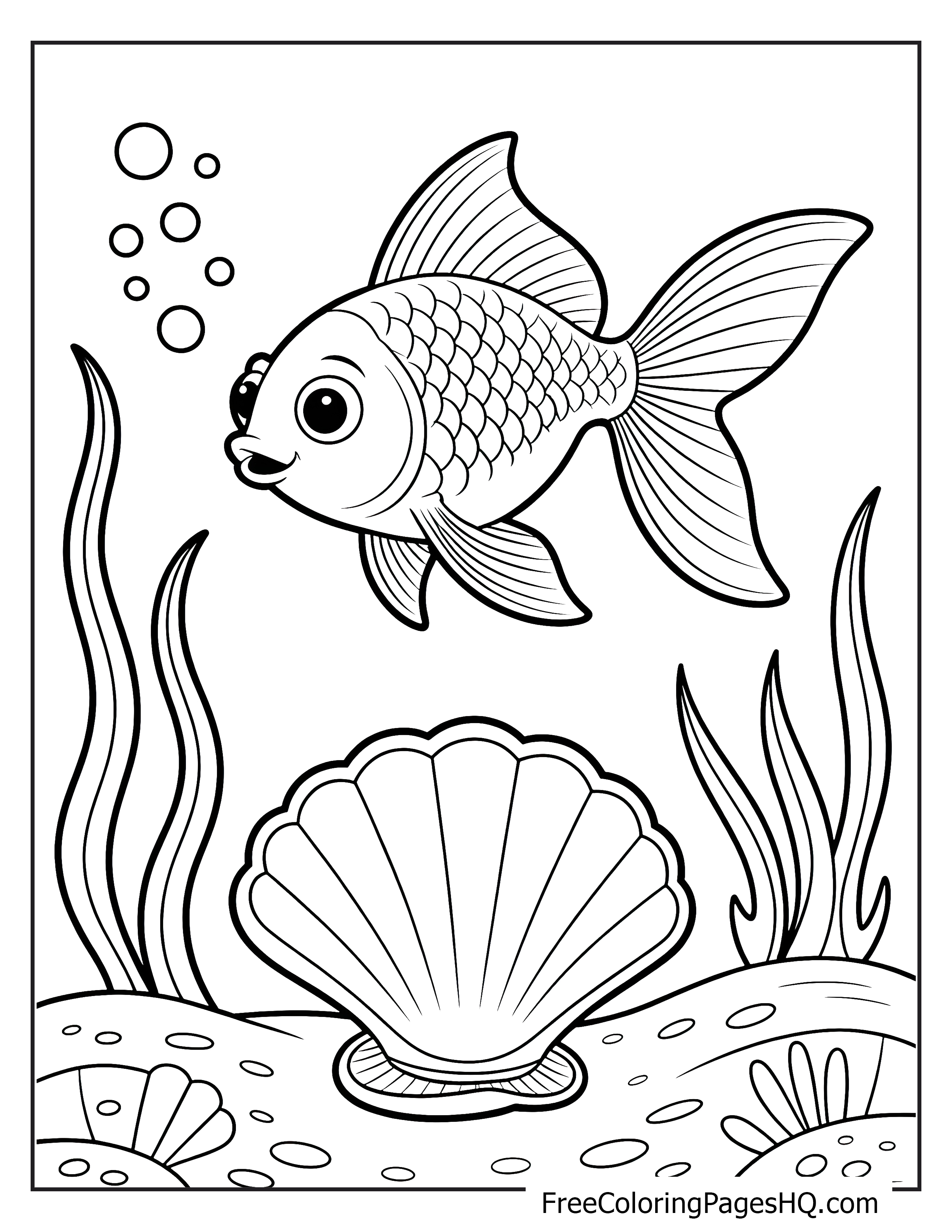 Underwater scene with fish and seashell illustration.