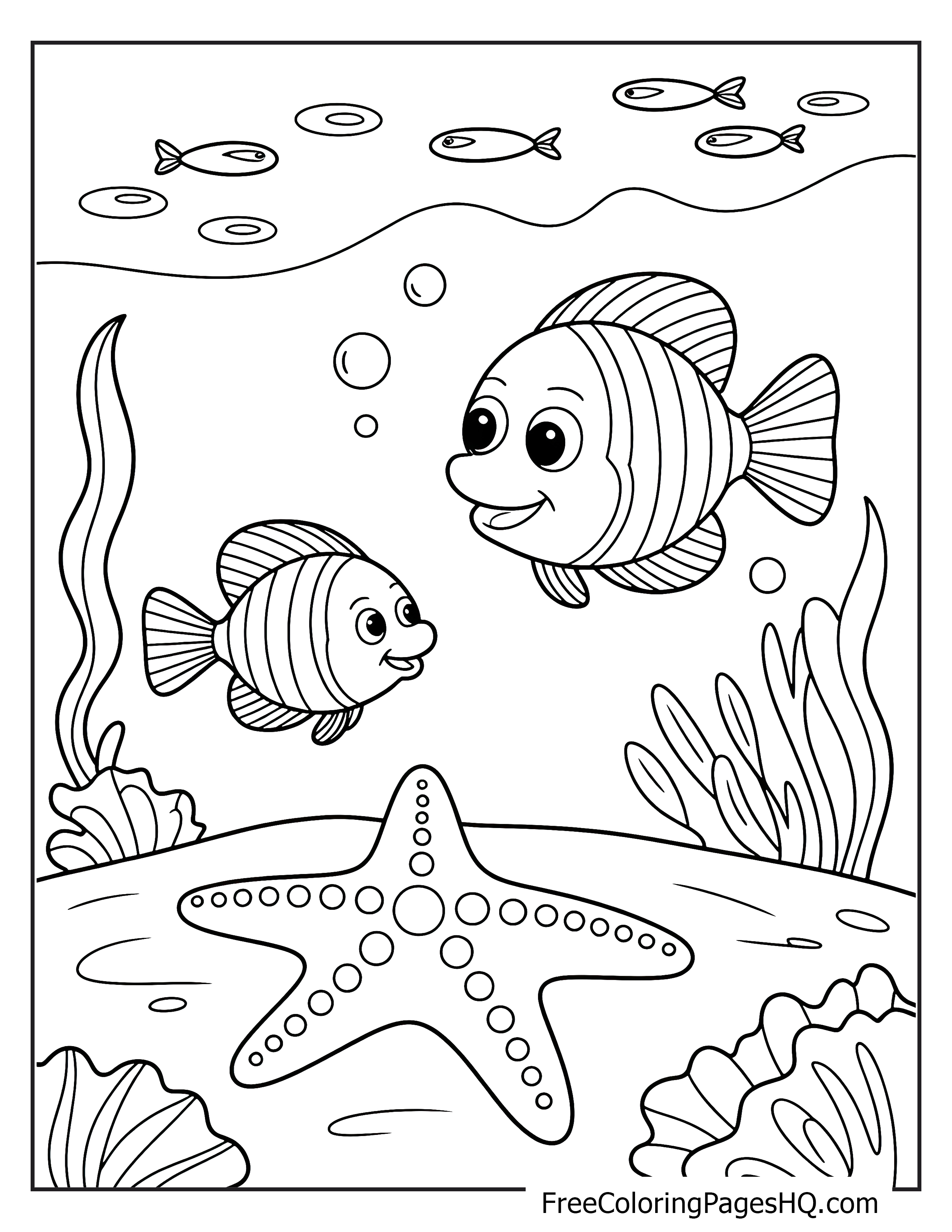 Two adorable fish smiling near a starfish underwater.