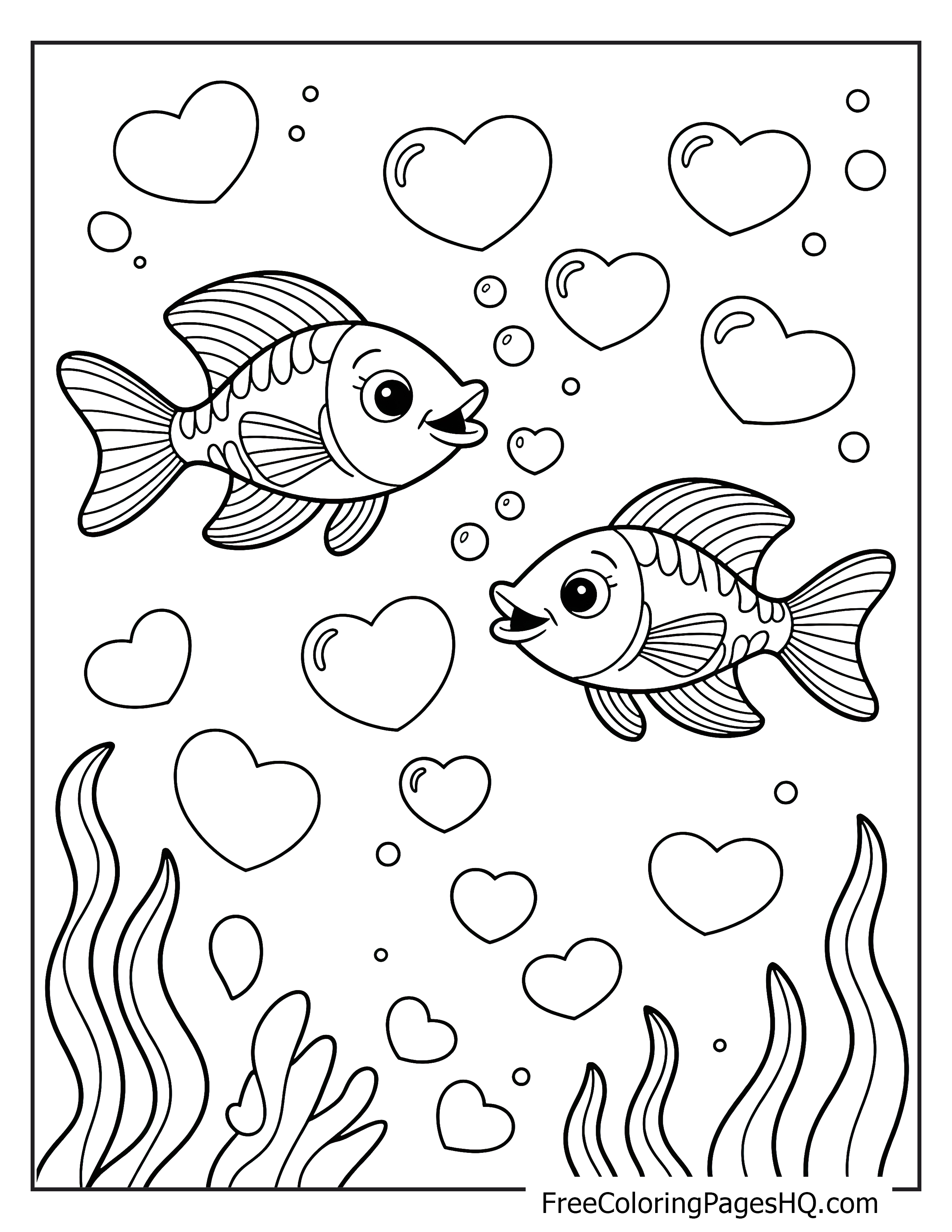 Fish swimming with heart bubbles in the ocean.