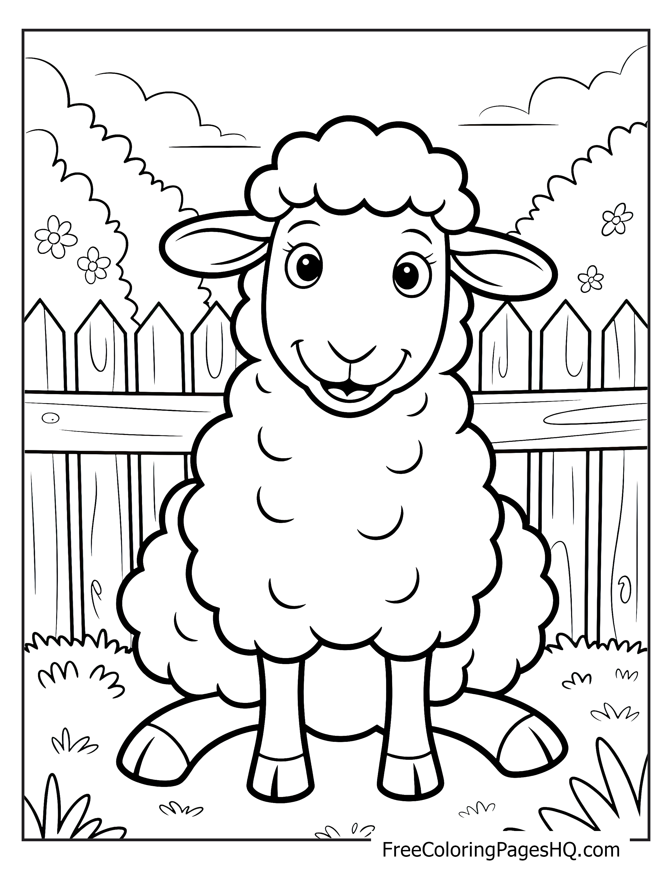 Fluffy sheep sitting by a fence with a bright sky.