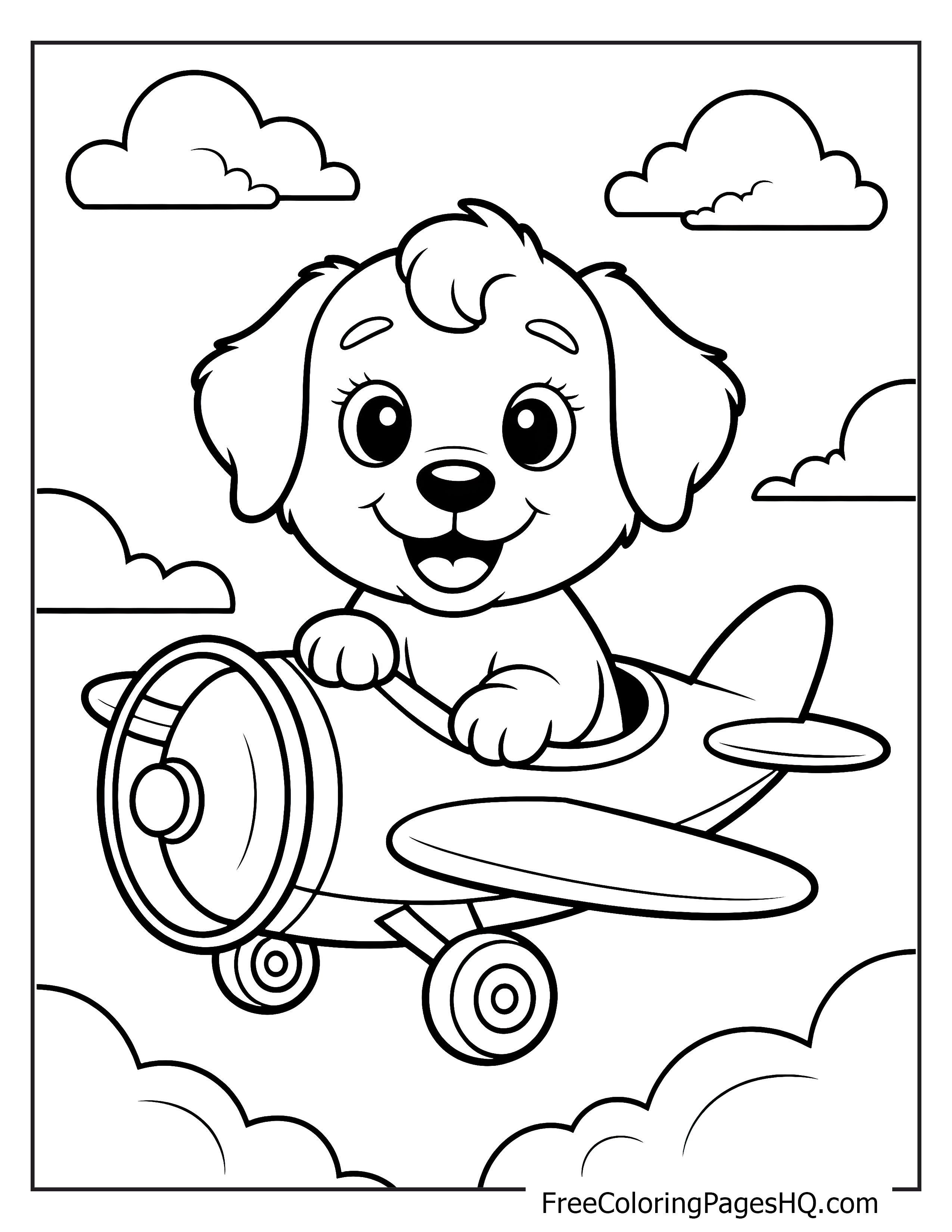 Puppy in an airplane with clouds illustration.