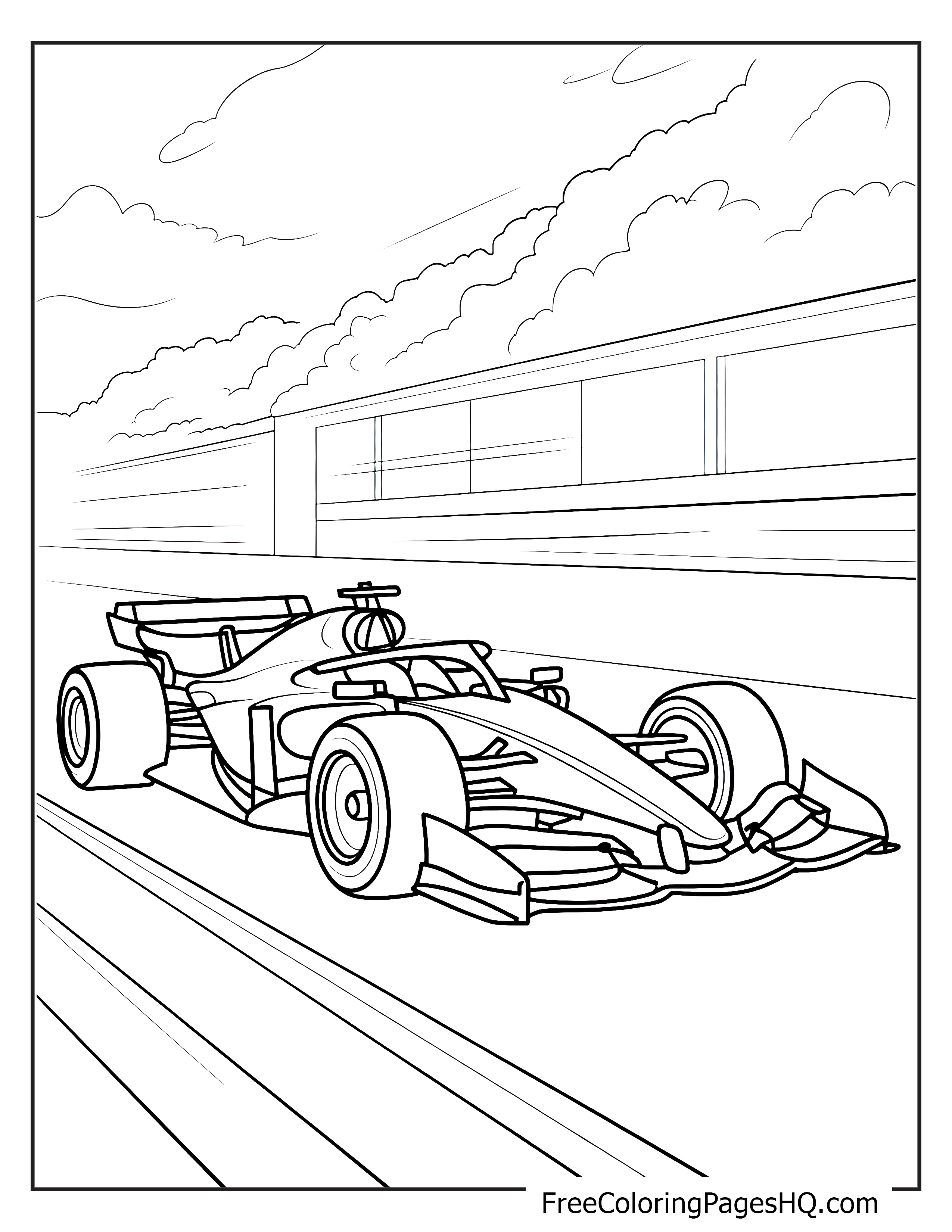 Illustration of a race car driving on a track for kids.