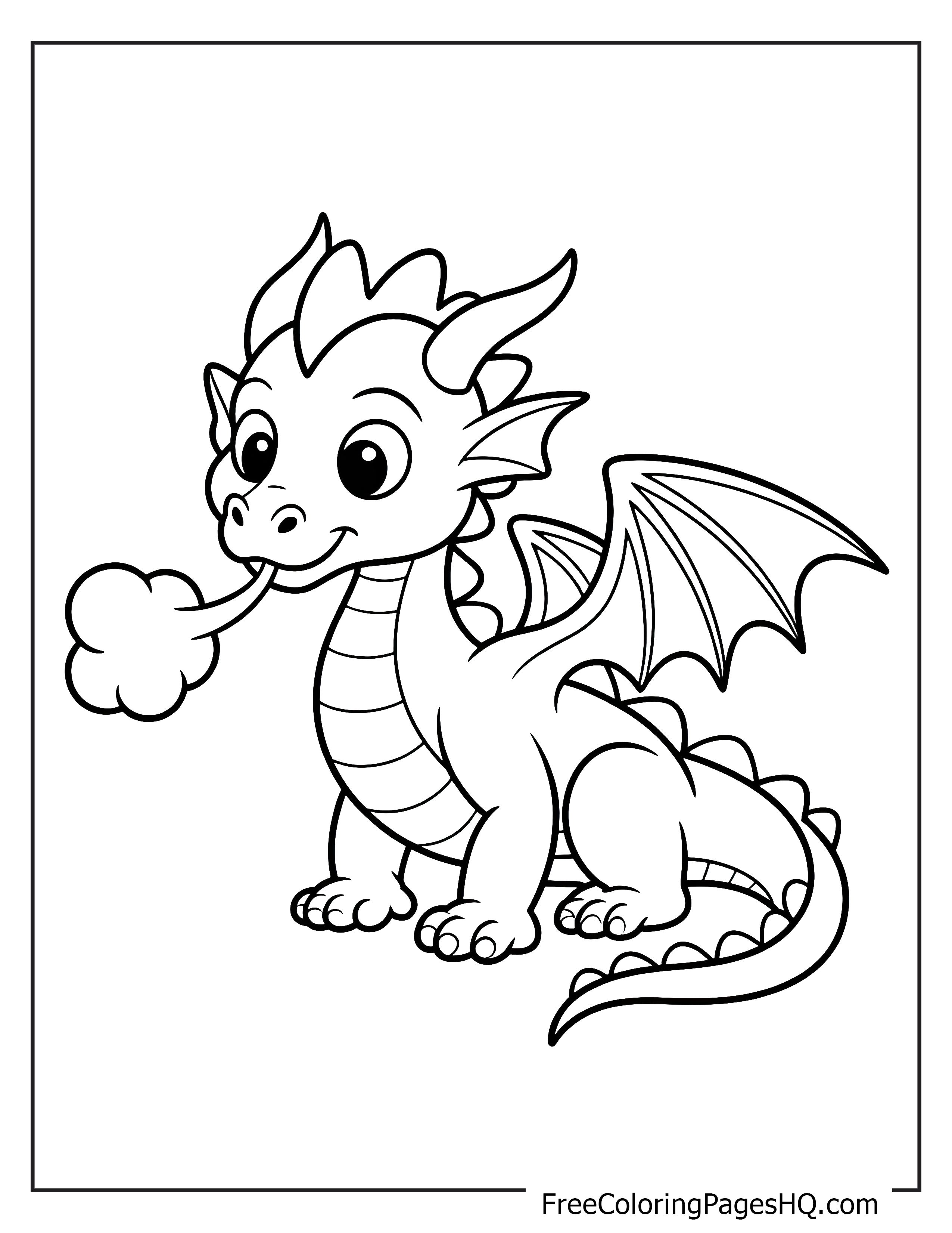 Illustration of a smiling baby dragon exhaling smoke.