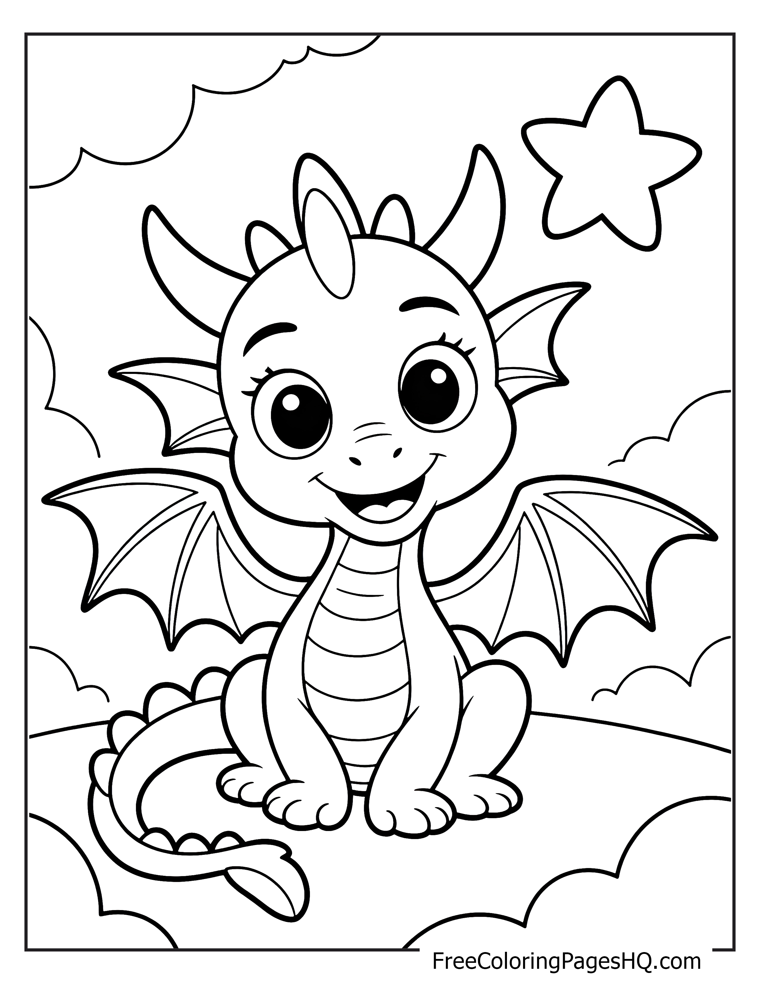 Adorable baby dragon with clouds and a star.