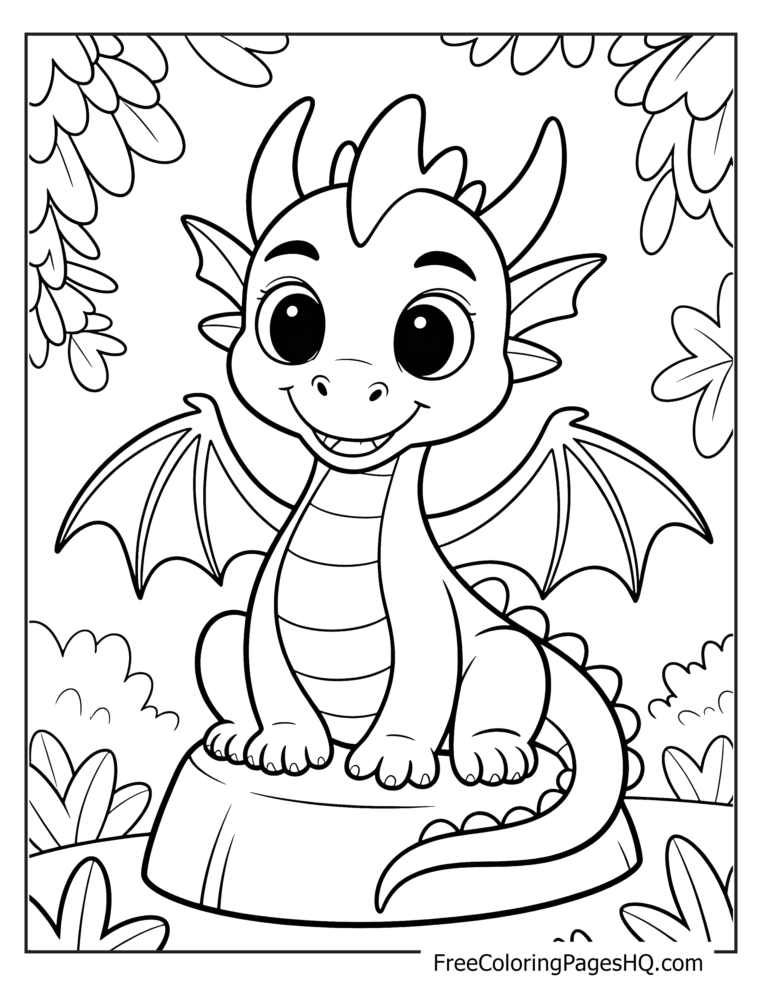 Illustration of a happy baby dragon sitting in a forest.