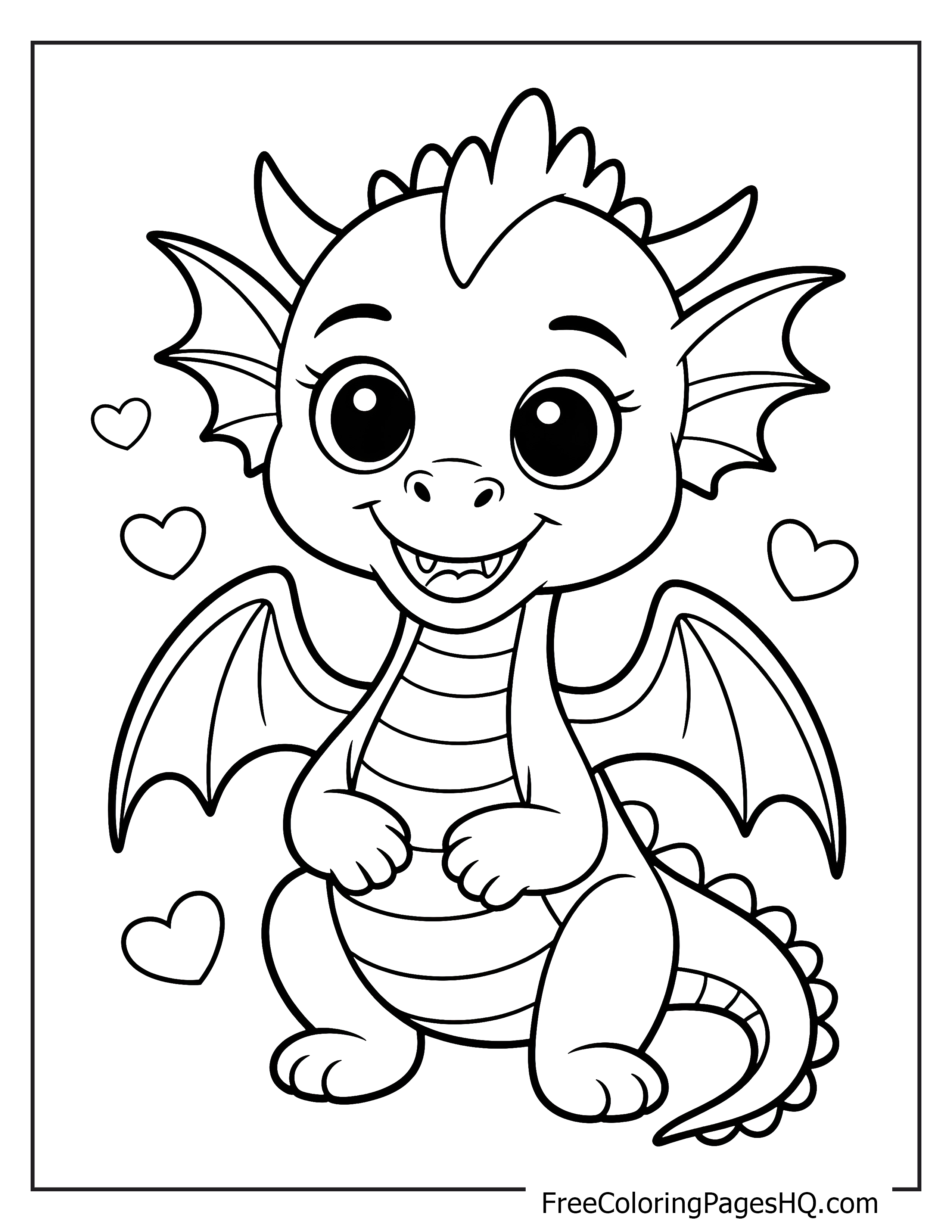 Adorable baby dragon with hearts illustration for children.